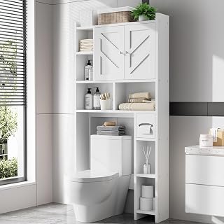 Meilocar Farmhouse Over Toilet Storage Cabinet with Adjustable Shelf, Toilet Paper Holder, Freestanding Bathroom Organizer, White