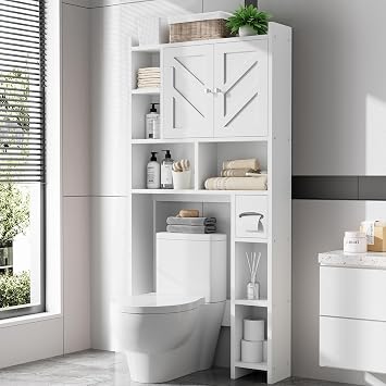Over the Toilet Storage Cabinet, Freestanding Storage Cabinet Over Toilet, Bathroom Storages Organizer Cabinets with Toilet Paper Holder Stand and Adjustable Shelf, White