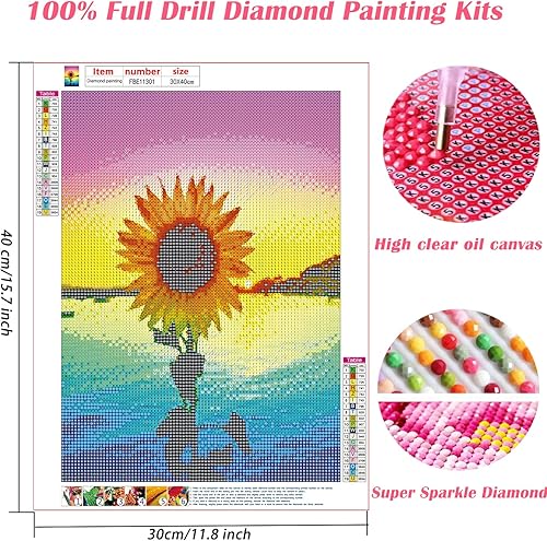 Miniatura 3 de HSENJT Kit de pintura de diamante 5D de girasol, arte de diamantes de flores para adultos, pintura de diamantes, taladro redondo completo,