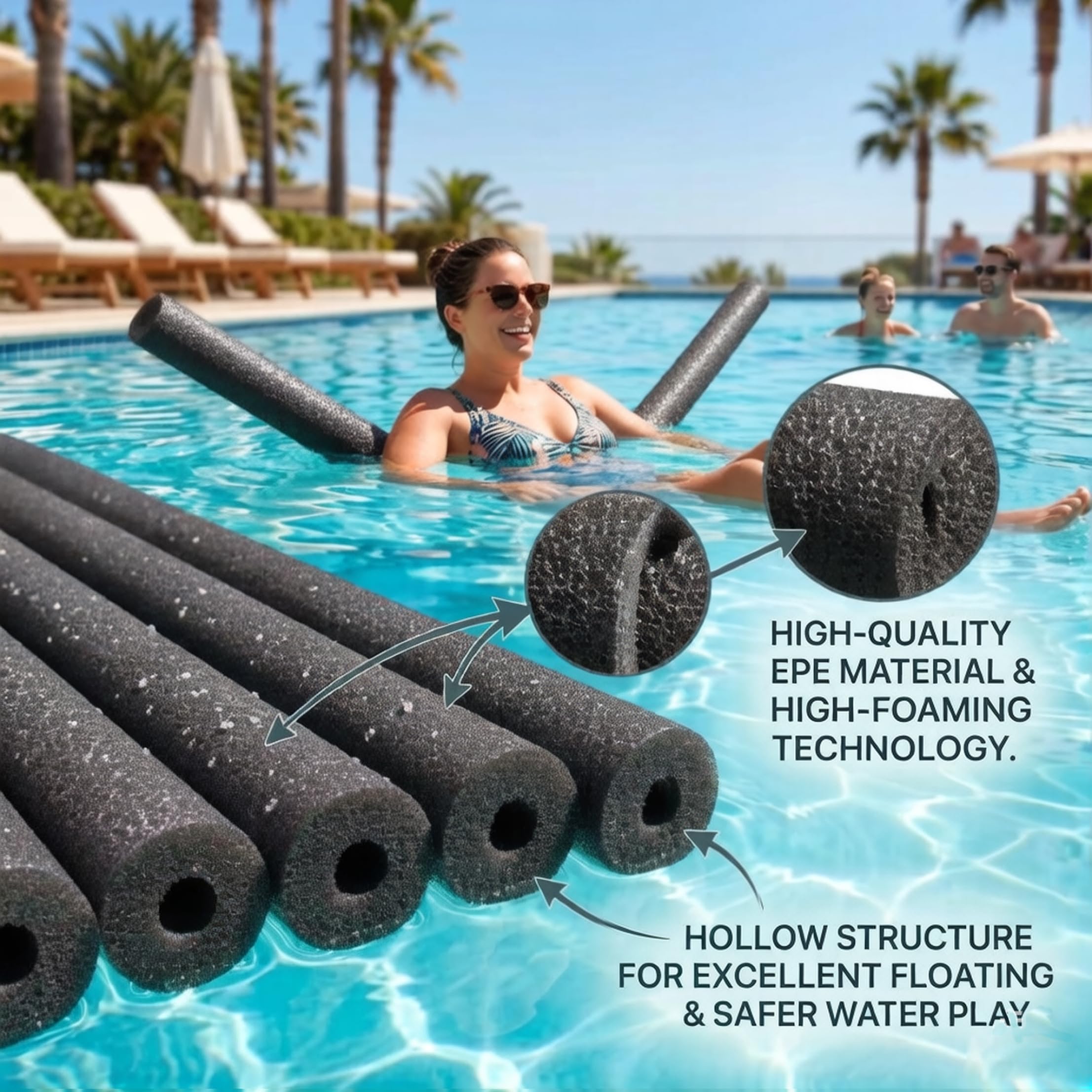Black Pool Noodles, Paquete de 3 Espuma Hueca de 52 Pulgadas | Estructura flotante liviana, ideal para fiestas en la piscina, adecuada para todas las edades