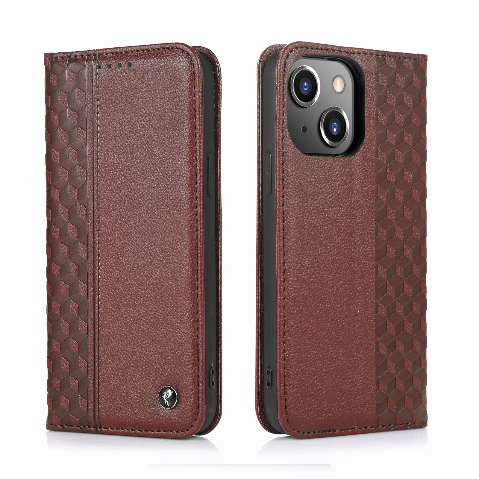 TOHULLE Case for iPhone 14, Premium PU Leather Wallet Case Card Holder Kickstand Built-in Magnetic Closure Plaid Pattern Flip Folio Phone Cover for iPhone 14 - Brown