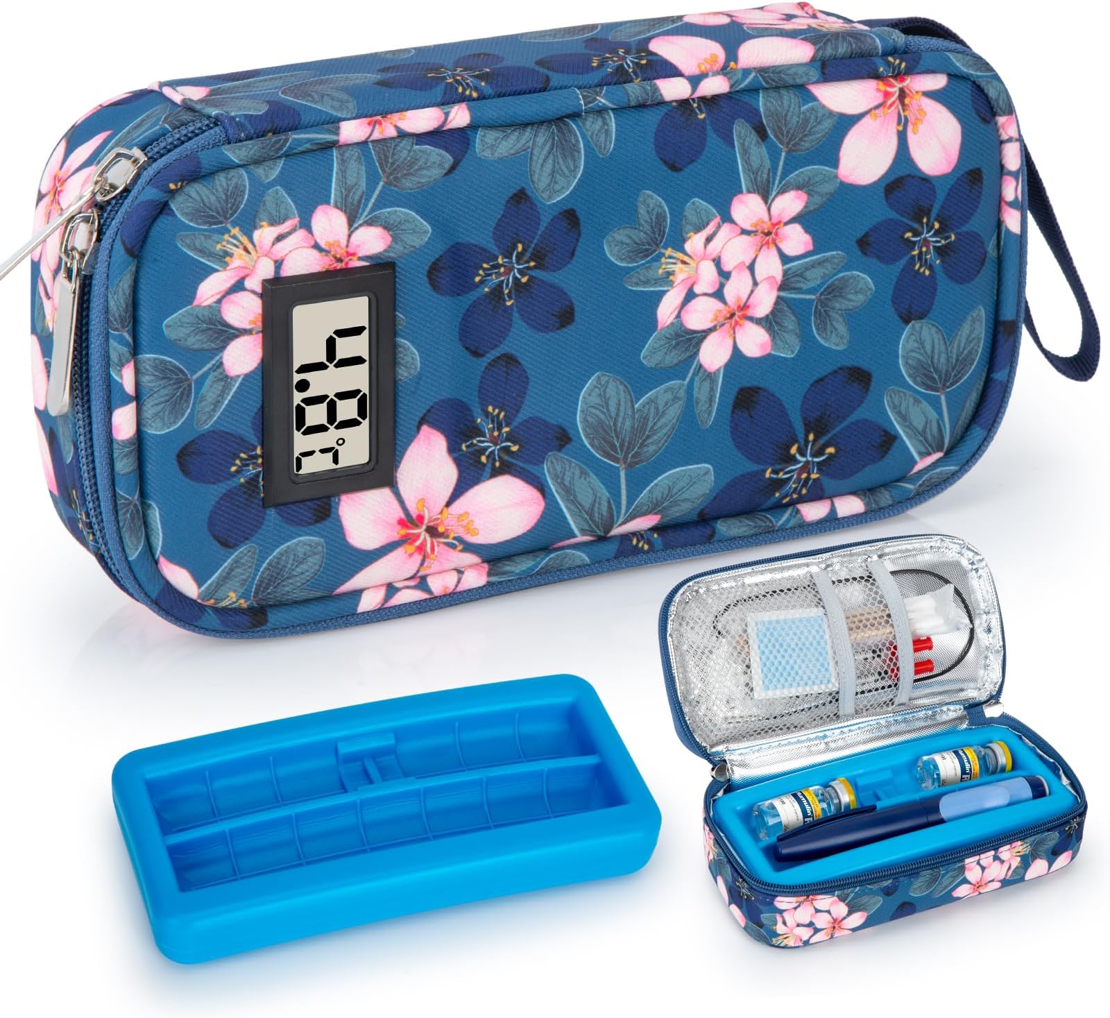 SUNMON Insulin Pen Cooler Travel Case with ℃ Display, Long-Lasting Cooling Medication Injection Cooler Bag Vial Medicine Cooler Case for Travel with One Ice Brick (Magnolia)