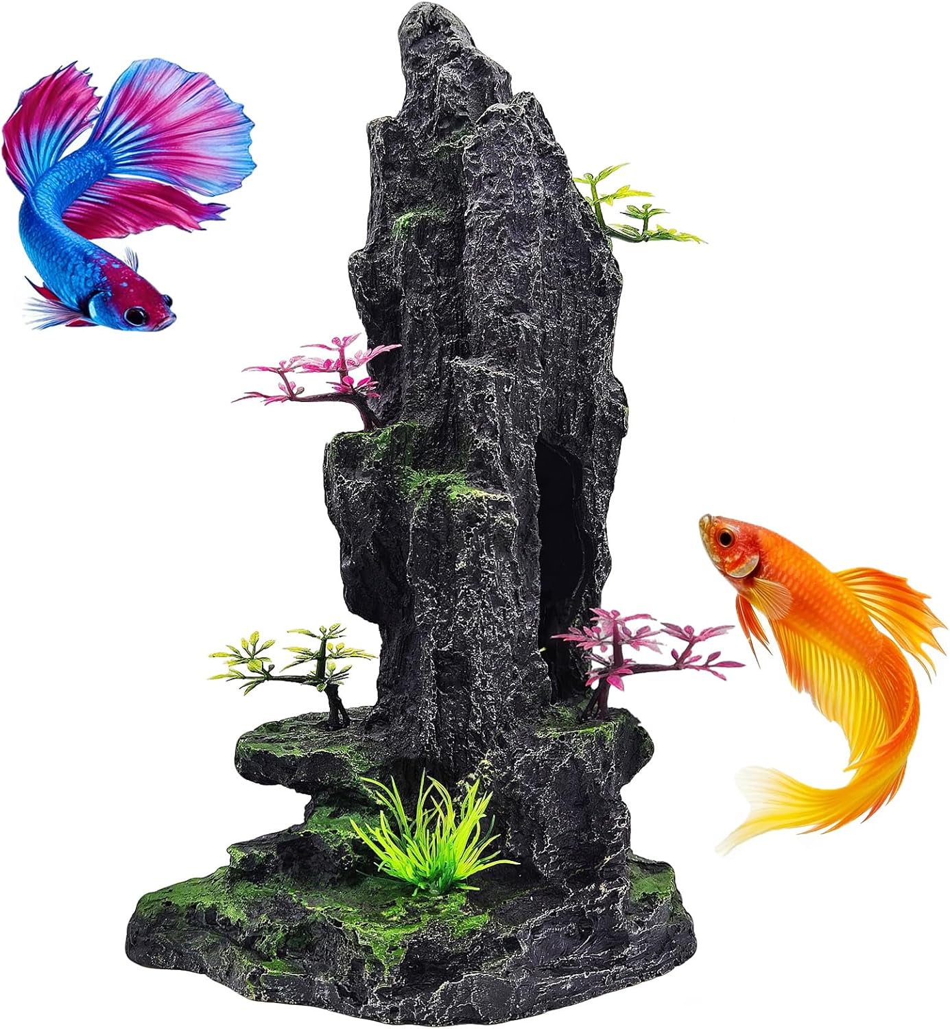 Large Aquarium Decoration - Resin Rockery Landscape Castle Decoration Fighting Fish Hiding Cave Fish Tank Ornaments Accessories - Height 14.3 inches (Green)