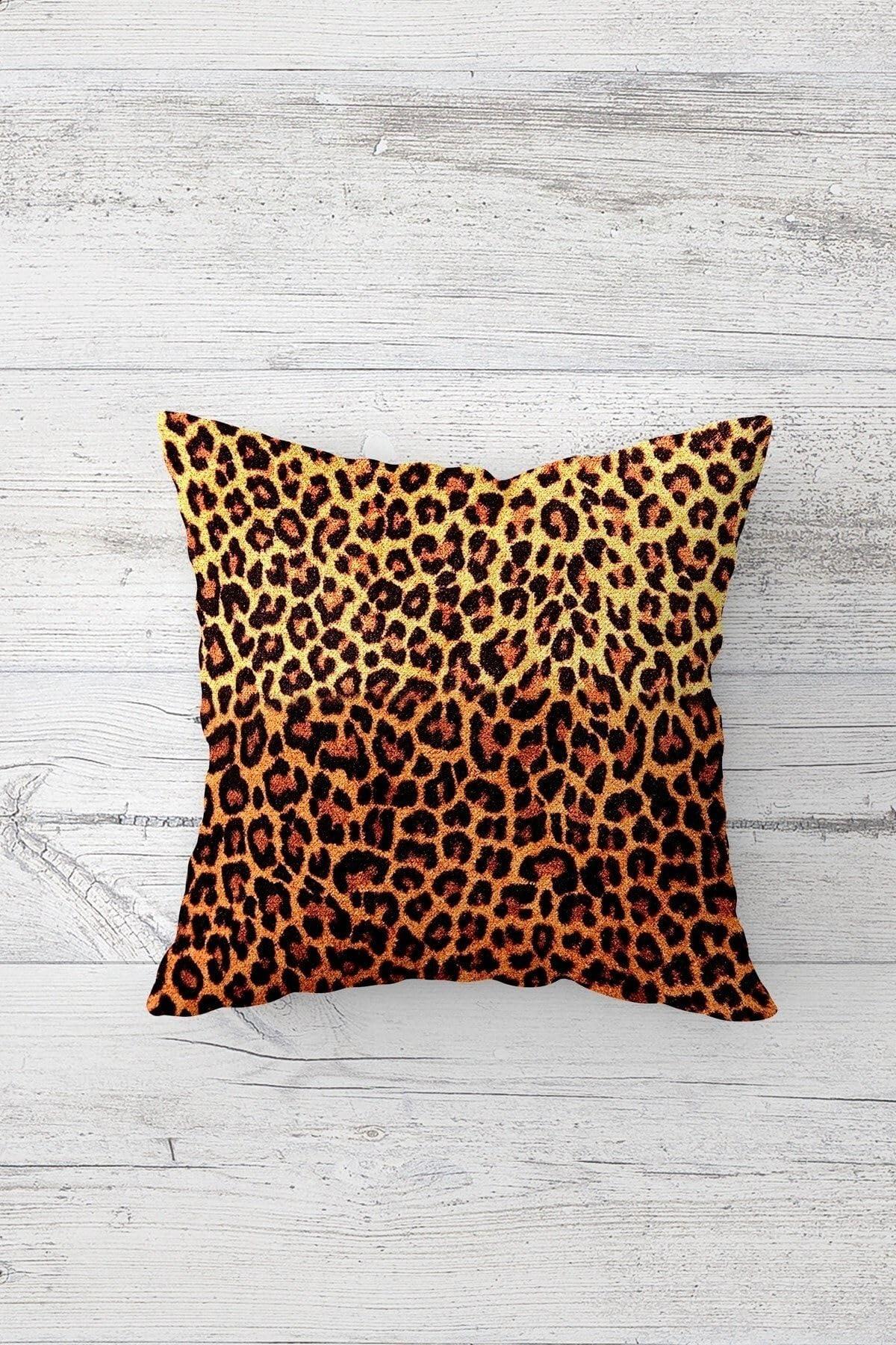 Pelangi Leopar Desenli Kombin Gizli Fermuarlı Kırlent Kılıfı Koltuk Yastık Kılıfı Takım(4adet), Kahverengi-Siyah 45 x 45