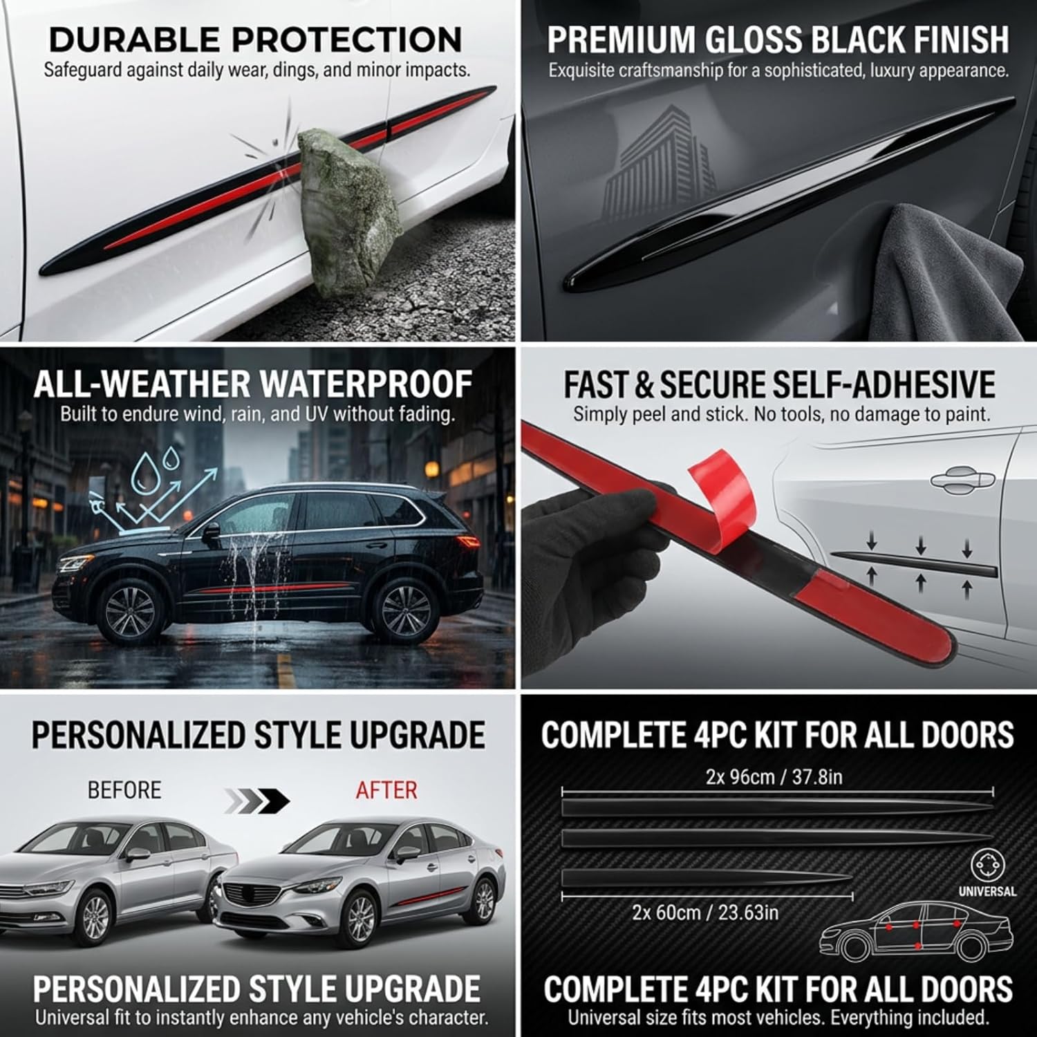 Black Car Door Side Body Guards, 4PCS Body Side Trim Universal Car Door Protector Body Side Door Trim Kit Sturdy ABS Car Body Kit