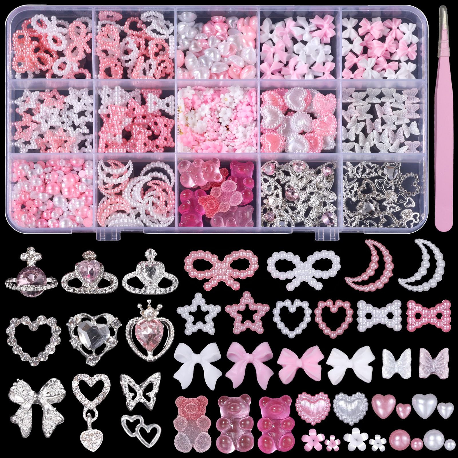 Silver Nail Gems Charms 3D Pink Pearl Bow Bear Nail Art Charms for Manicure