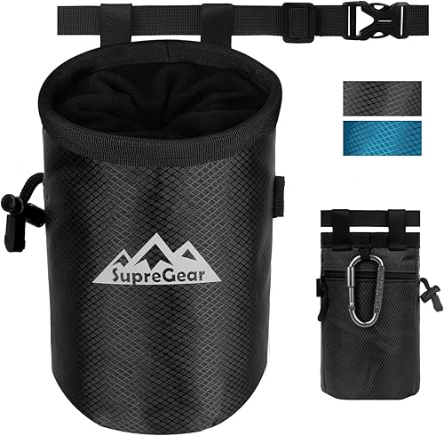 supregear Bolsa de tiza para escalada en roca, bolsillo grande con cremallera con soporte para cepillo, cierre de cordón y clip de mosquetón, ideal