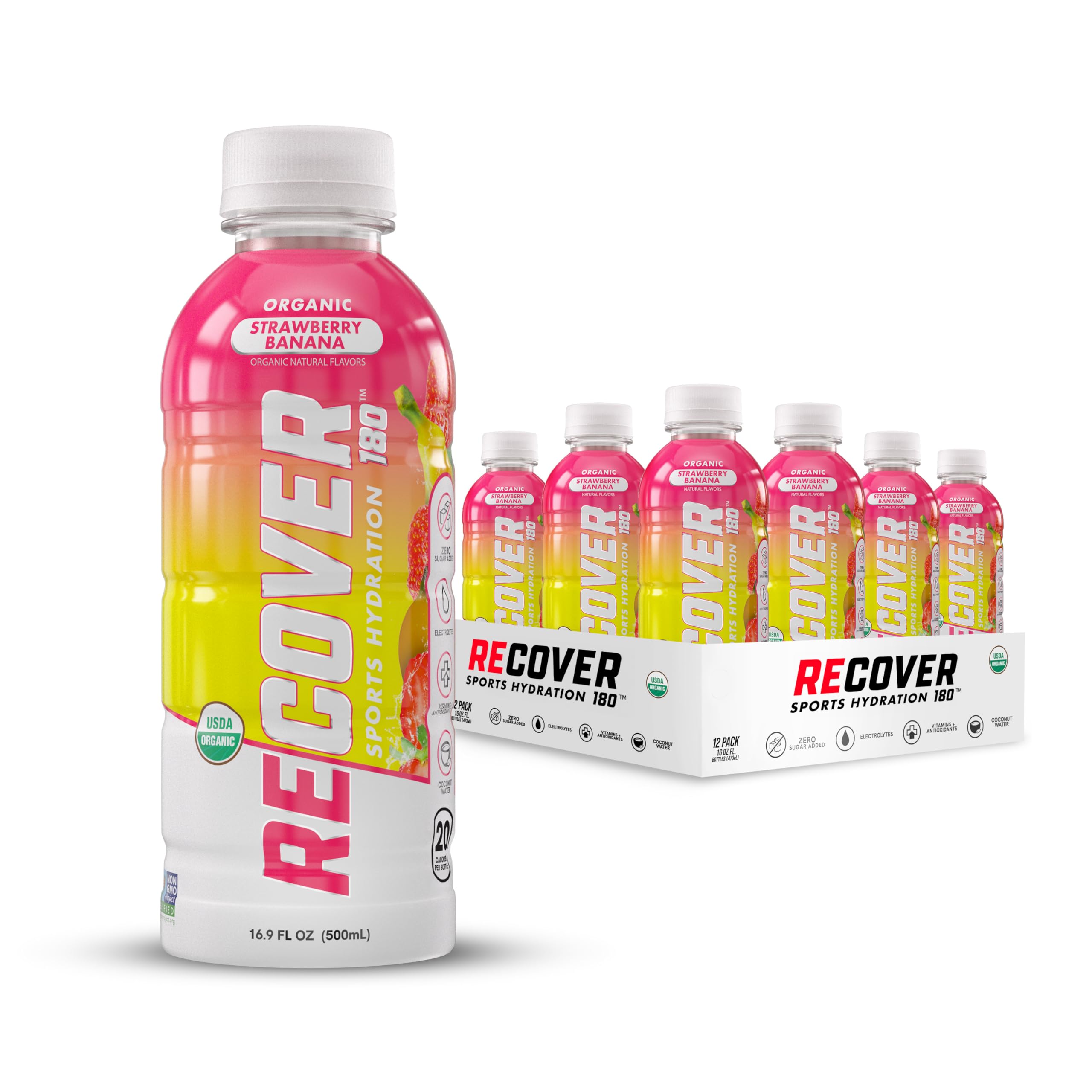 RECOVER 180 Organic Sports Hydration Drink, No Sugar Added, 20 Calorie Sports Beverage, Organic Flavors With Vitamins, Potassium-Packed Electrolytes (