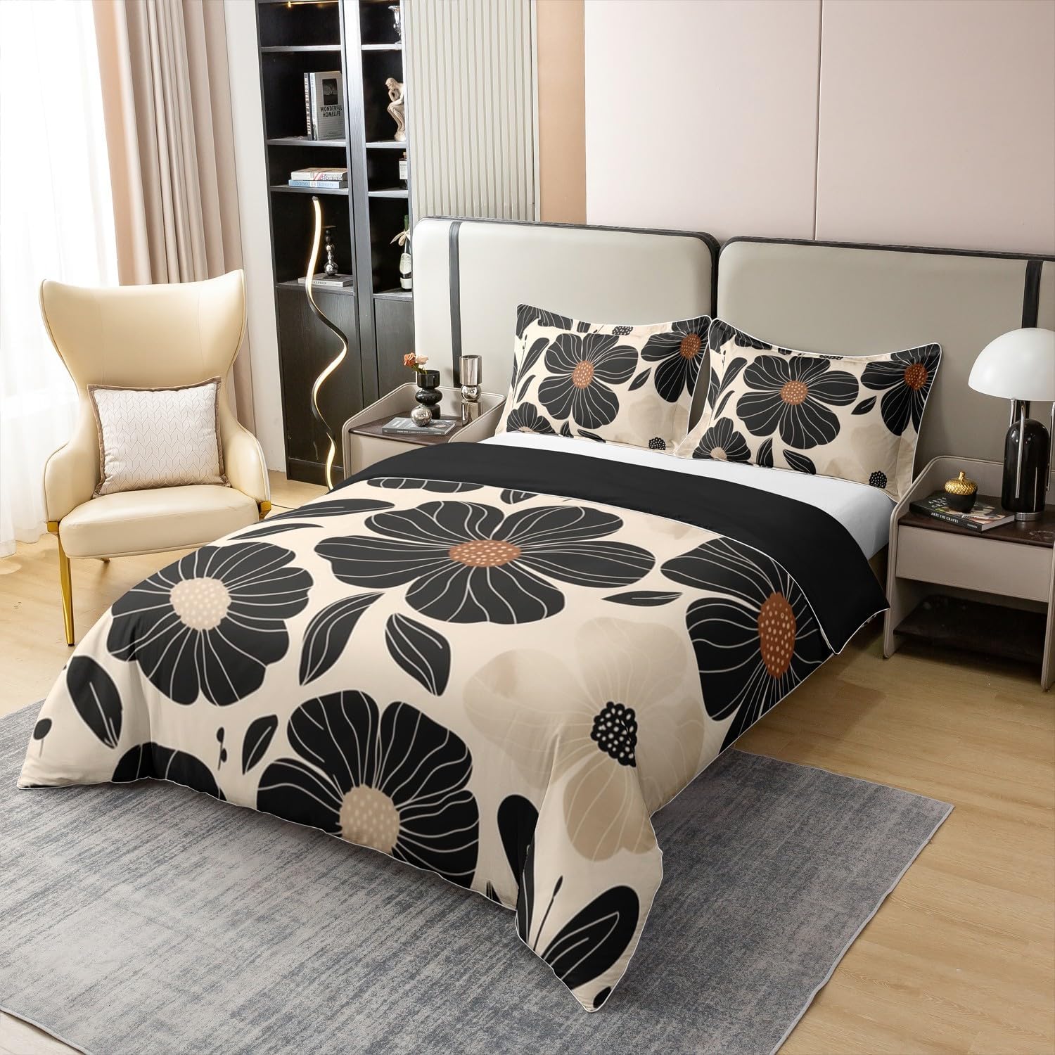 jejeloiu Boho Flower Duvet Cover Set 100% Cotton King Size Black Flowers Bedding Set for Kids Boys Girls Teens Floral Botanical Cotton Duvet Cover Vintage Retro Quilt Set 3Pcs - Image 2