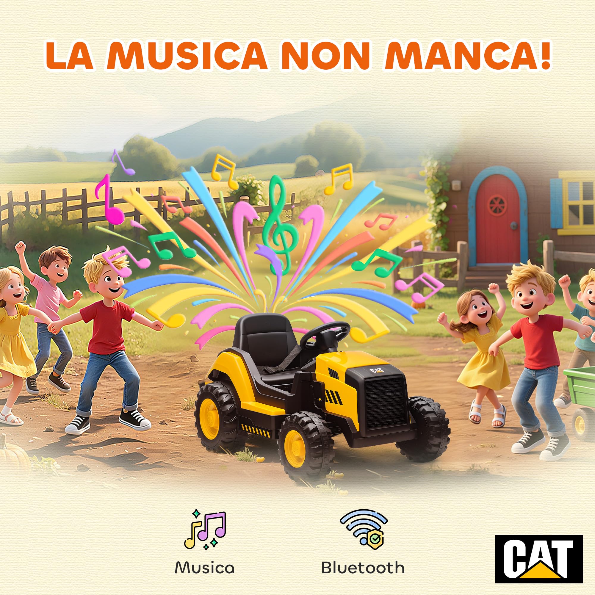 AIYAPLAY Trattore Elettrica per Bambini 3-6 Anni Licenza CAT, 12V Macchina Elettrica Escavatore Giocattolo Cavalcabile con 2 Motori, Sospensioni, Telecomando, Luci, Musica, USB e Bluetooth, Giallo