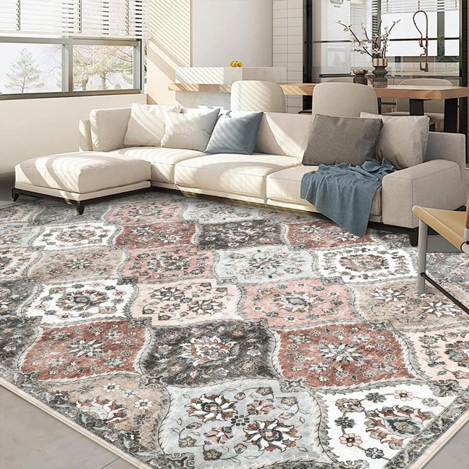 Tapis imprimé à poils ras lavable et géométrique pour salon et bureau