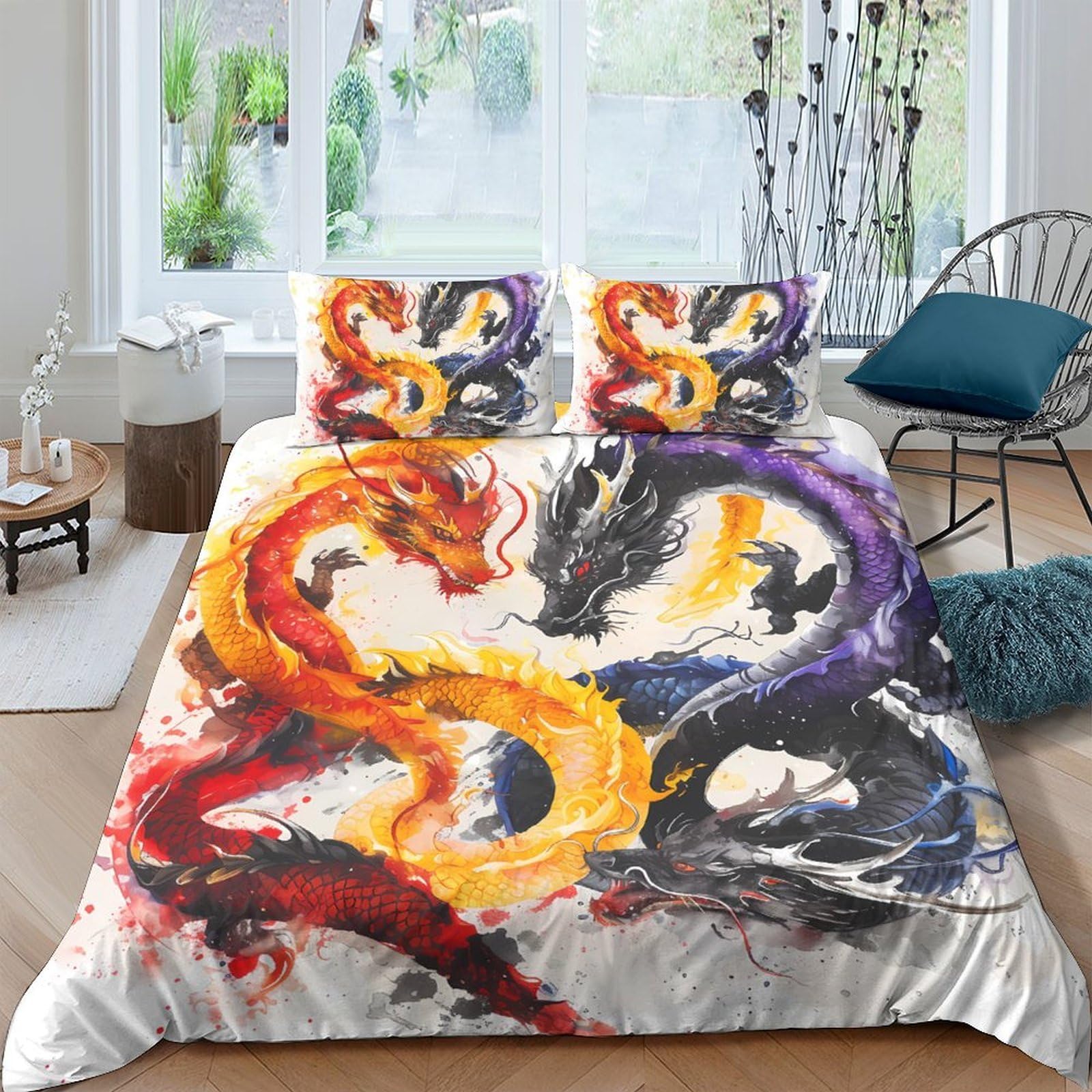 Ctjqhvkz Style-7 3D Printed Multicolor Dragon Fitted Sheet Microfiber Bedroom Decor Black Fire Dragon Mattress Cover For Home Dorm Single（135X200cm）