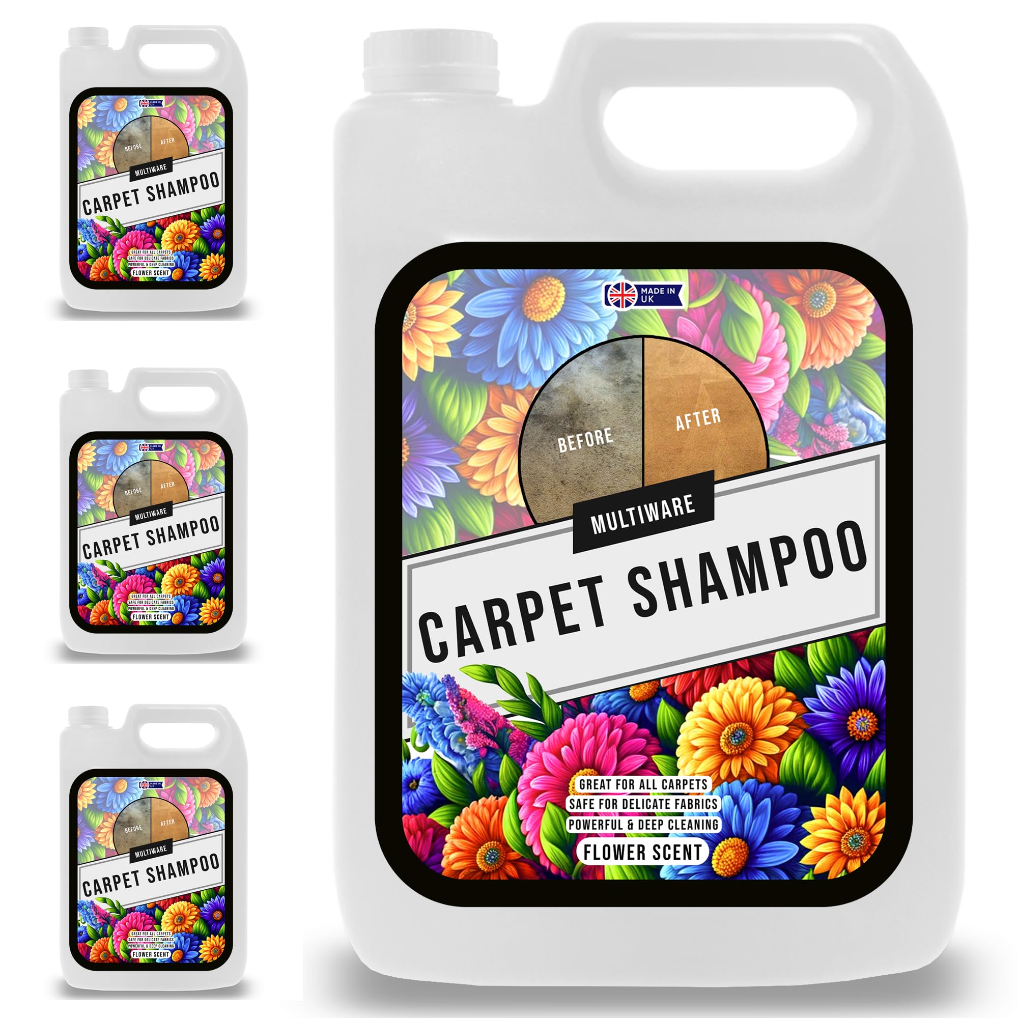 MultiWare Carpet Cleaner Shampoo Flower Scent 5L | Carpet Shampoo for Machines | Carpet Cleaner Solution | Safe for ALL Machines | Pet Friendly Formula | Removes Pet Odours and All Stains | 4 Bottles