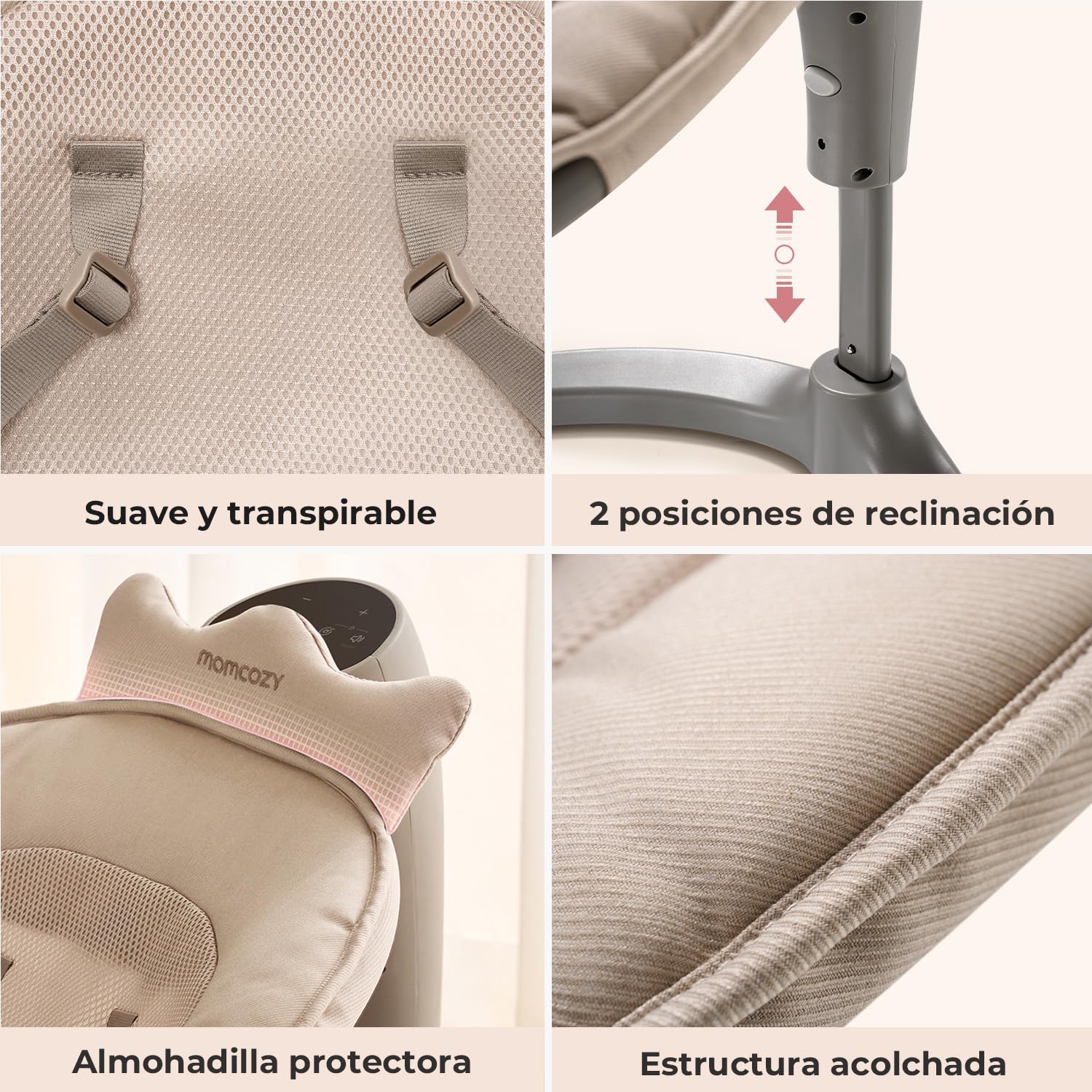 Momcozy 2 en 1 Hamaca Bebe Electrica, con Soporte de Doble Brazo, 4 Modos y 4 Velocidades de Balanceo, Mecedora Bebe Electrica Convertible en Asiento Fijo de hasta 30kg, 2 Posiciones de Reclinación