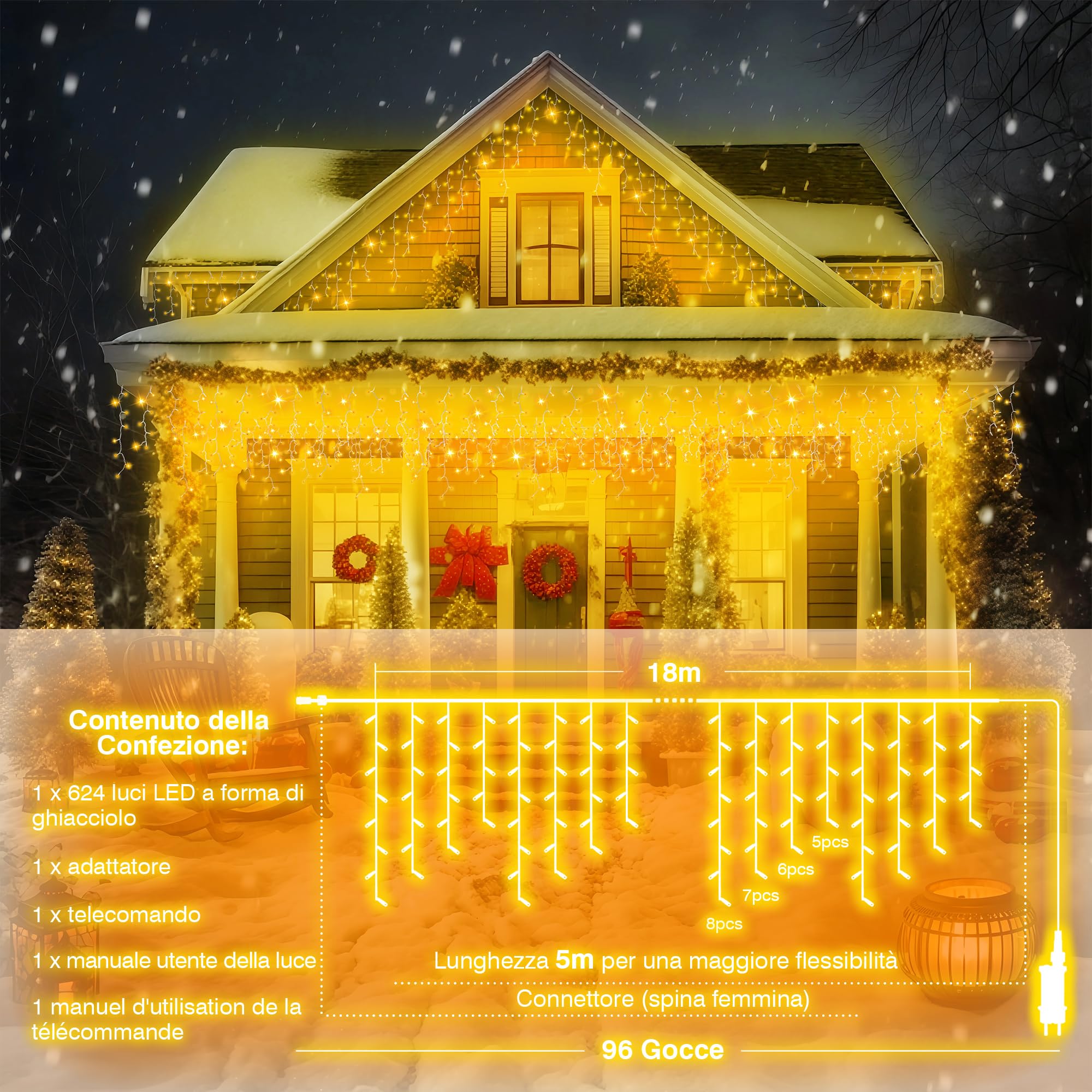 Xahpower Luci di Natale da Esterno Cascata, 624 LED 18M Luci di Natale da Esterno con Telecomando, 8 Modalità, Tenda Luminosa per Balcone, Natale, Matrimoni, Feste - Bianco Caldo