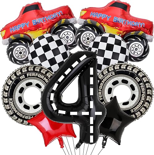 Decoraciones de fiesta de camiones, 9 globos de aluminio con número de cumpleaños de camión para camión de 4 cumpleaños, suministros de fiesta