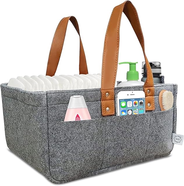 CIAM Essentials Baby Diaper Caddy Organizer Portable Holder Shower Basket Portable Nursery Storage Bin Car Storage Basket for Wipes Toys Tote Bag Light Grey