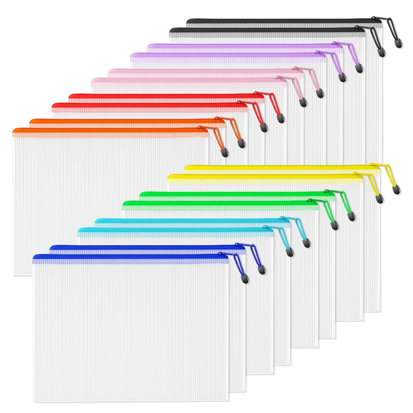 SUNEE Plastic Wallets A3L, 18 Pack Mesh Zip Lock Document Wallets & File Bags, Waterproof Plastic Folders A3L for School, Office, Home and Travel Storage - 9 Colours โ image 1