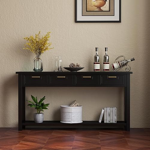 Miniatura 7 de Mesa consola para entrada con 4 cajones, mesa de entrada de 60 pulgadas de largo con estantes de almacenamiento abiertos y mango de metal hecho a