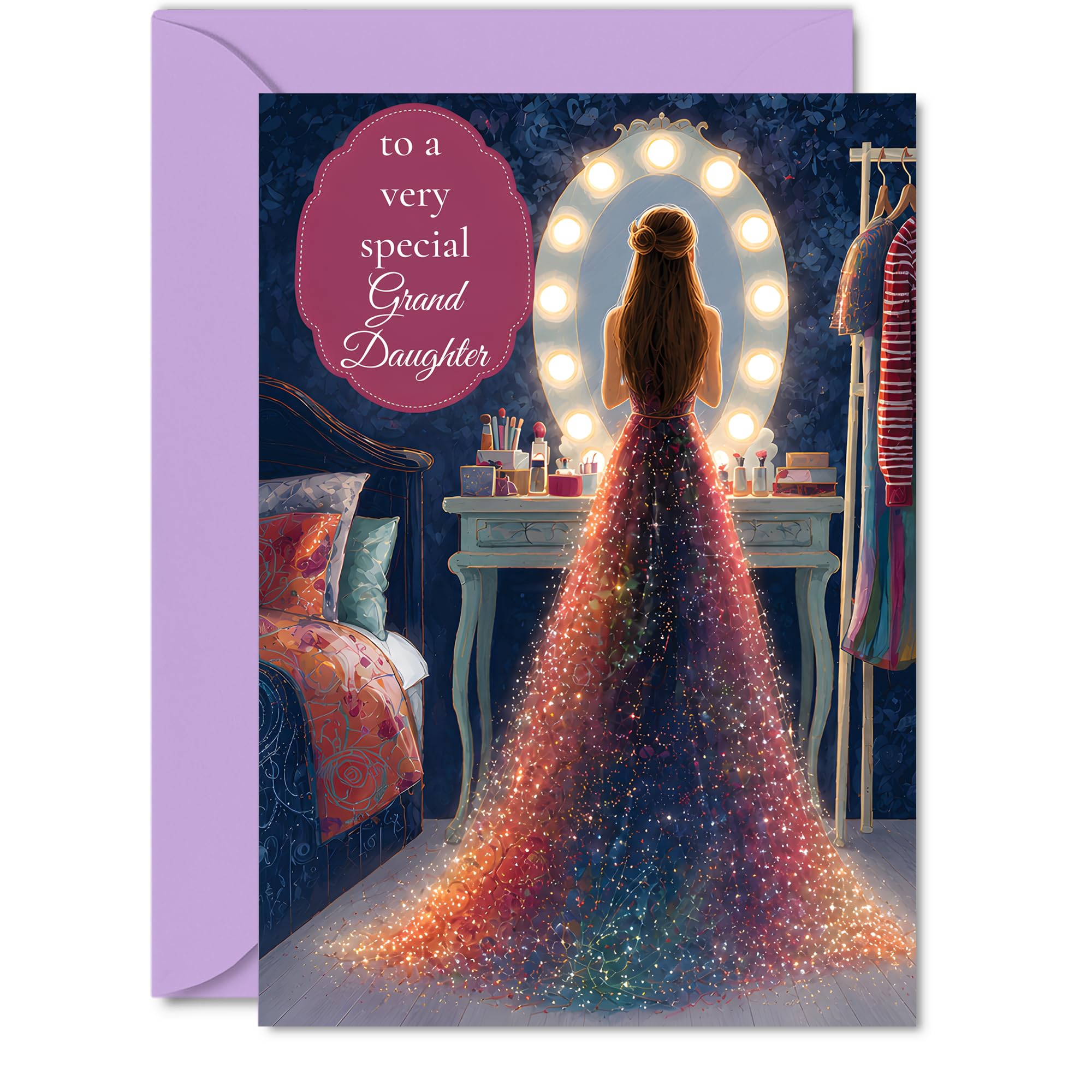 Heartfelt Birthday Card for Granddaughter - Sparkling Glamour for a Truly Special Girl - Multicoloured Evening Gown by a Glowing Vanity - 5X7 Inch, Envelope Included