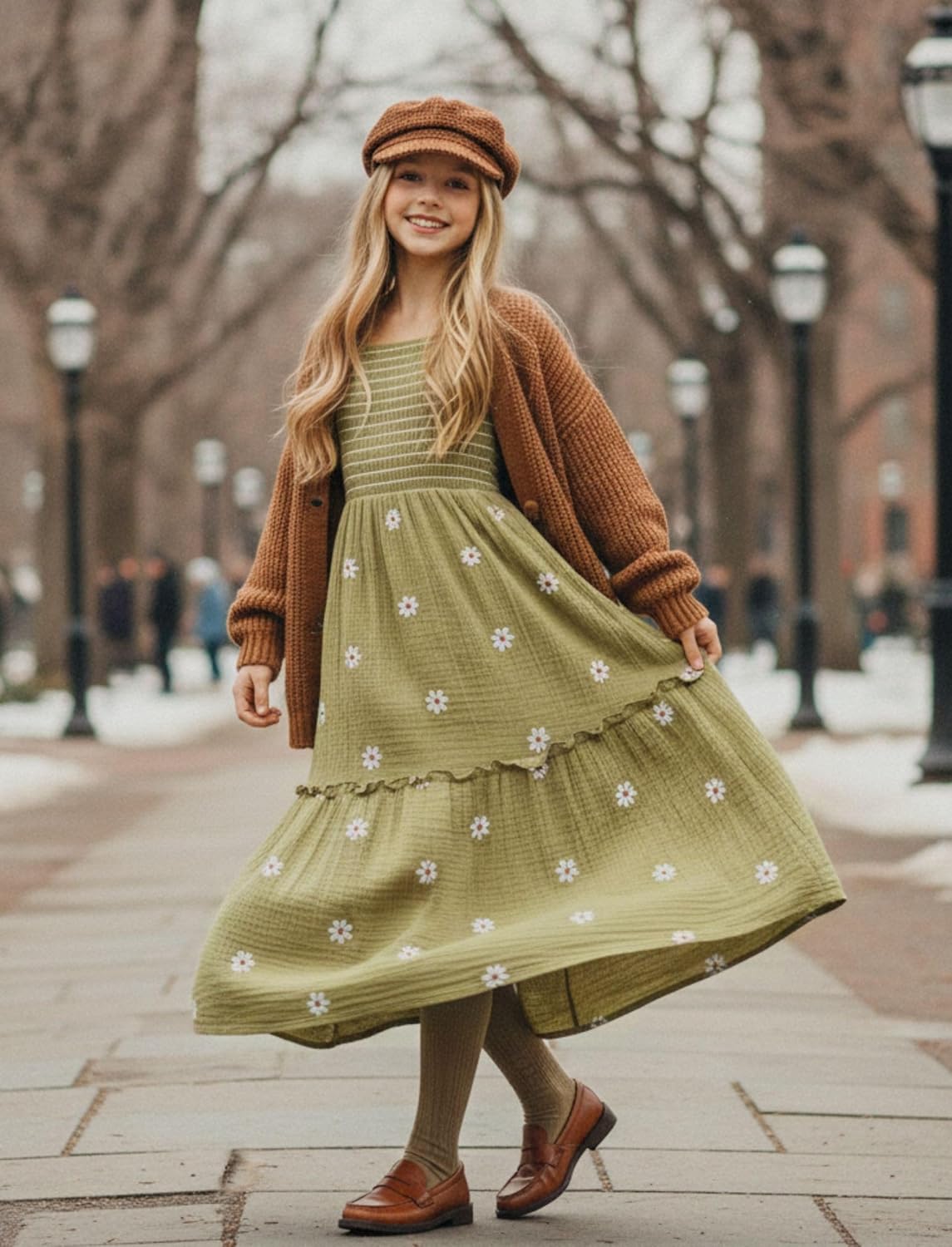 Sunny Spirit Girls Dresses Spring Maxi Tween Boho Floral Long Puff Sleeves Square Neck Embroidered Smocked Dresses 5-14 Years - Image 4