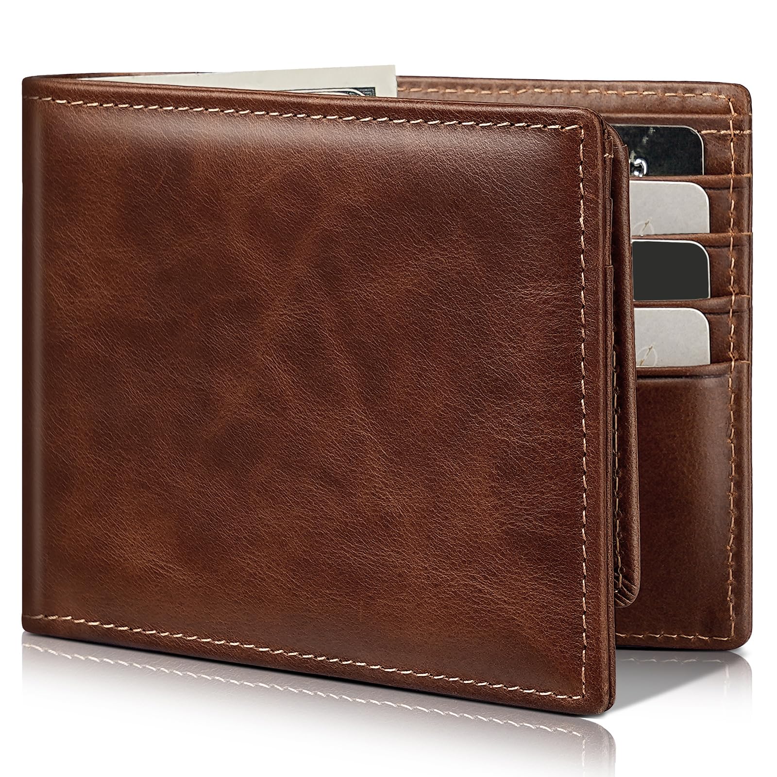 Artpaxy Mens Wallet Genuine Leather Bifold RFID Blocking Wallet for Men with 2 ID Windows 12 Card Holders 2 cash pockets 1 Gift Box