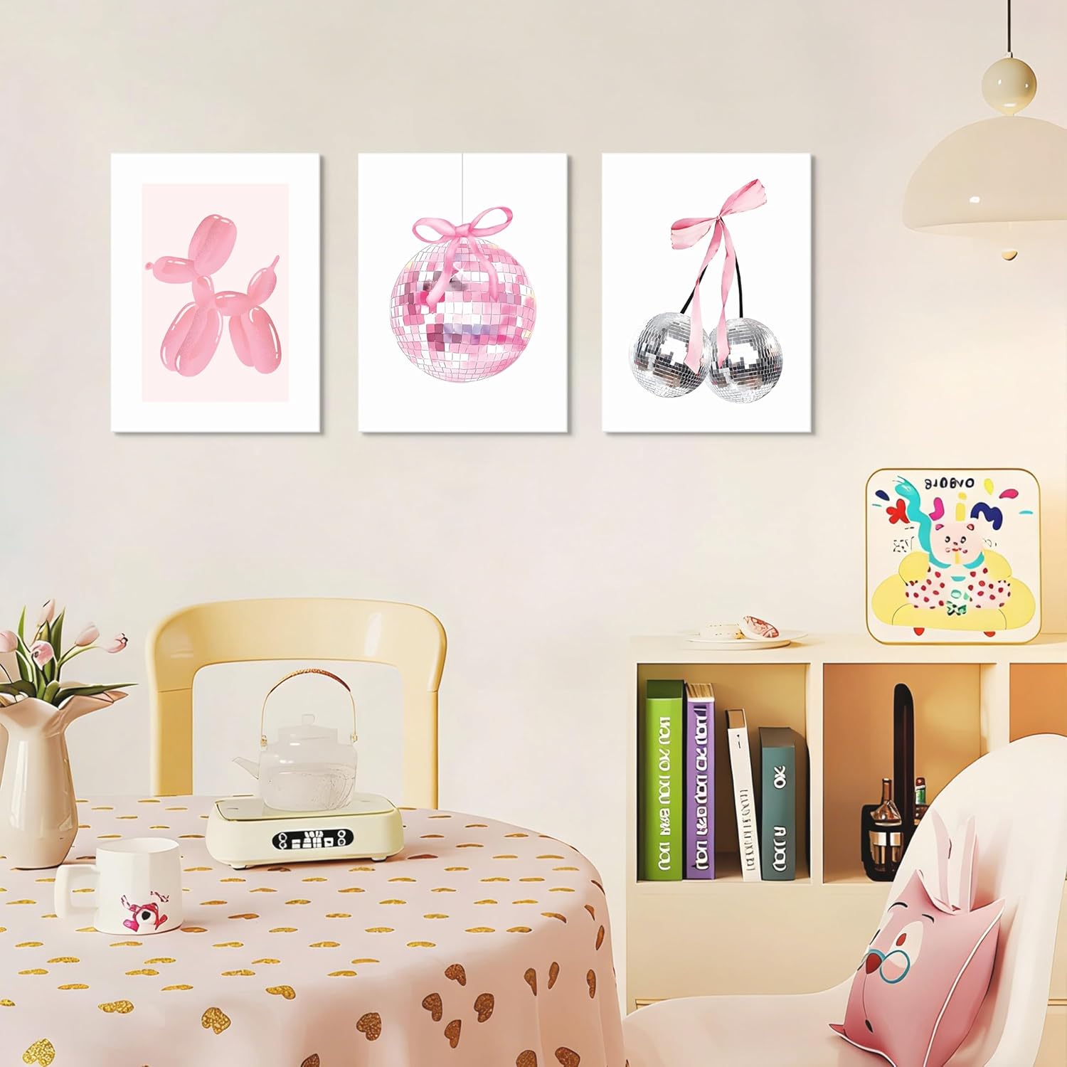 Framed Pink Disco Ball Wall Art Set of 3, Cute Cherry with Bows and Balloon Dog Posters Print, Trendy Pink Aesthetic Party Wall Decor for Teen Girls Bedroom Dorm Apartment 16x24 inch