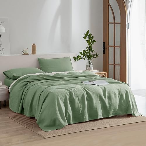 Miniatura 8 de EVERLY Juego de sábanas de lino tamaño Queen, juego de sábanas de 100% lino puro lavado a la piedra francés, 4 piezas (1 sábana encimera, 1 sábana