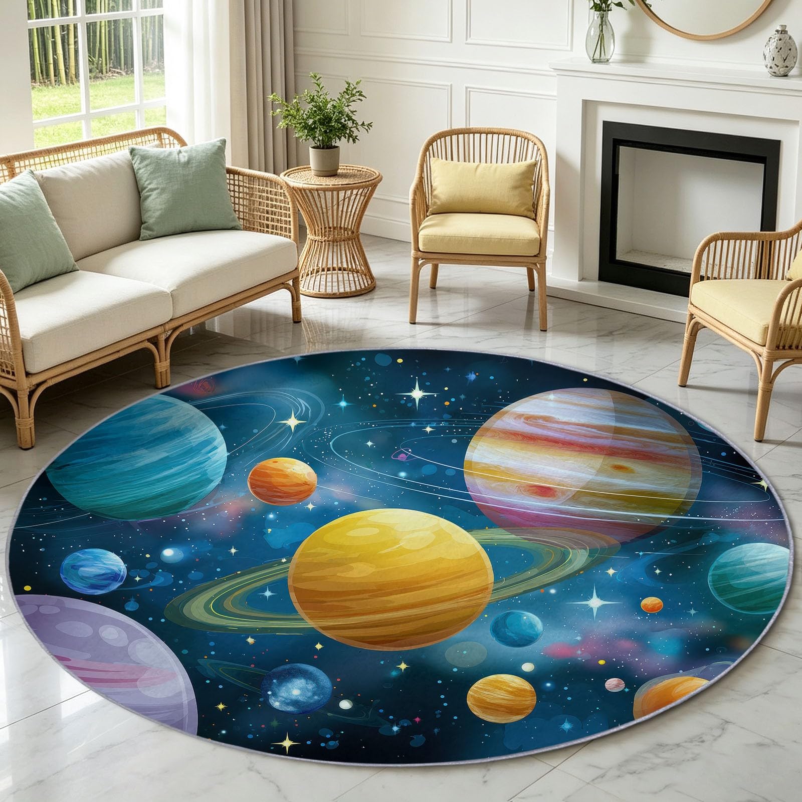 Générique Tapis Enfant Rond Chambre d'enfant Filles Garçons, Espace Dessin Anime Tapis Rond Lavable & Antidérapant pour Salon Chambre Cuisine Salle à Manger Chambre (160 cm, Galaxie Ciel Etoile)