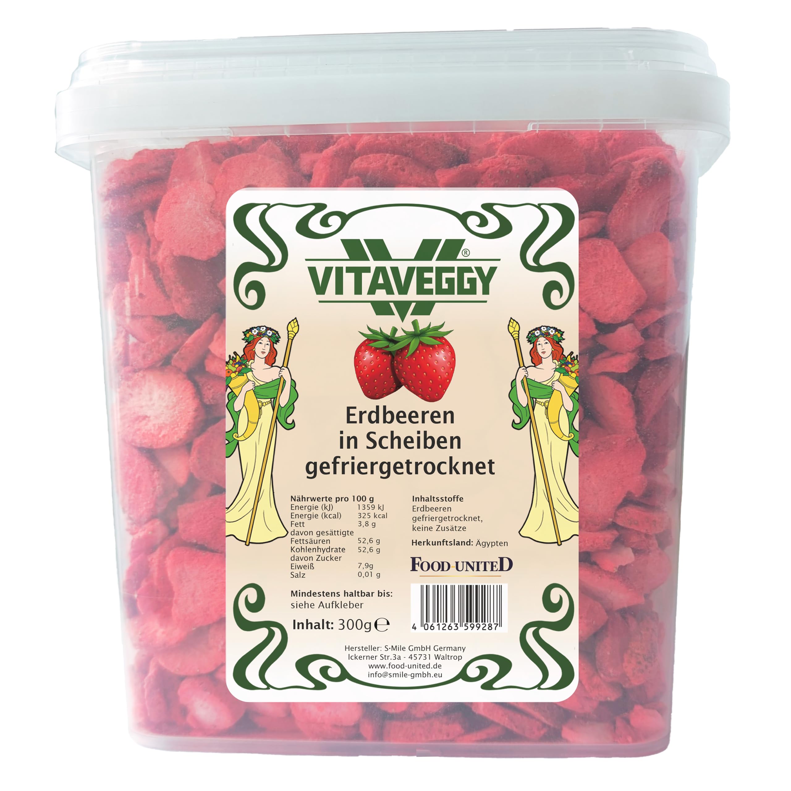 VITAVEGGY gefriergetrocknete Erdbeeren in Scheiben 6x300g gefriergetrocknete Früchte im wiederverschließbaren Eimer, Abfüllung in Deutschland,100% Frucht, für Smoothies, Müslis und Bowls