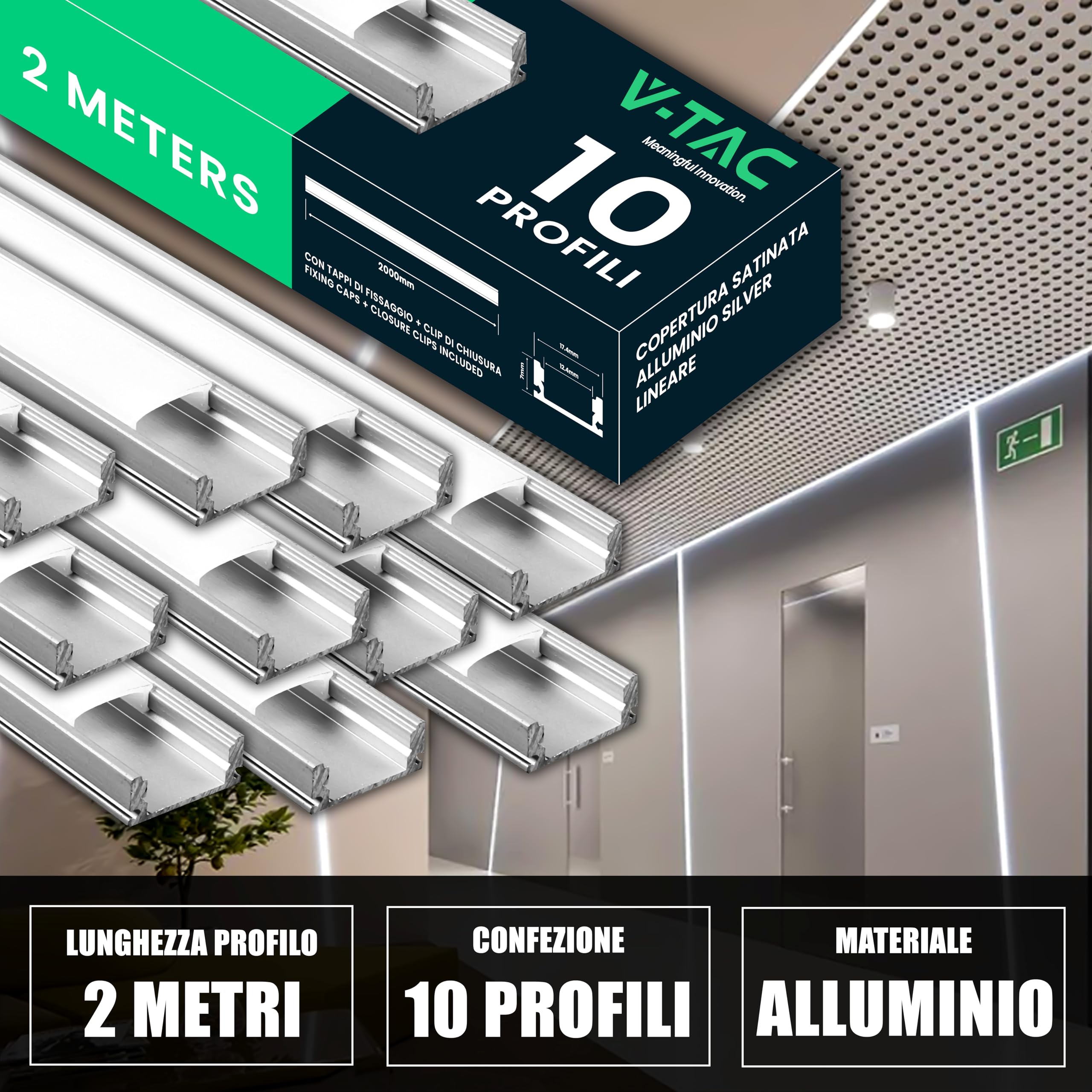 V-TAC 10x Profili per Strisce Led da 2 METRI Rettangolari in Alluminio - (20 METRI TOTALI) - Profili per Strisce LED Copertura Opaca - Ingombro max Striscia Led 12,4 mm - Dimensioni 17,4 x 7 mm