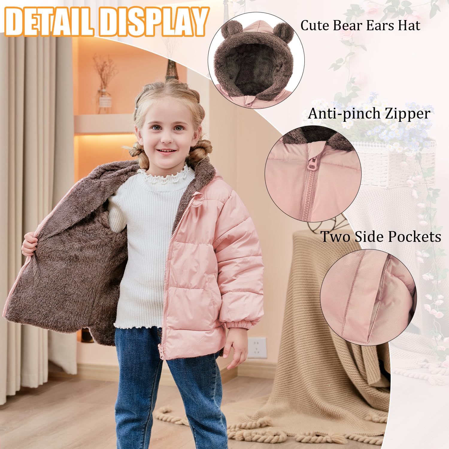 Kids4ever - Abrigo polar de invierno para bebés y niños pequeños, con capucha y bolsillos, con orejas de oso, de 6 meses a 5 años