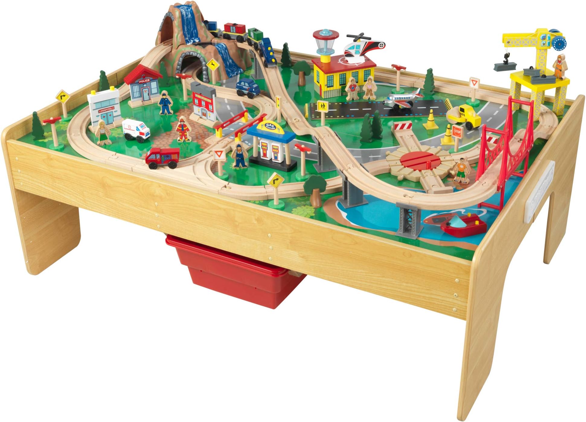 KidKraft Adventure Town Wooden Train Table With Storage Boxes, Train Track Set With Wooden Toy Cars, Crane, Helicopter, Airplane And Accessories Included, Kids' Toys, 18025