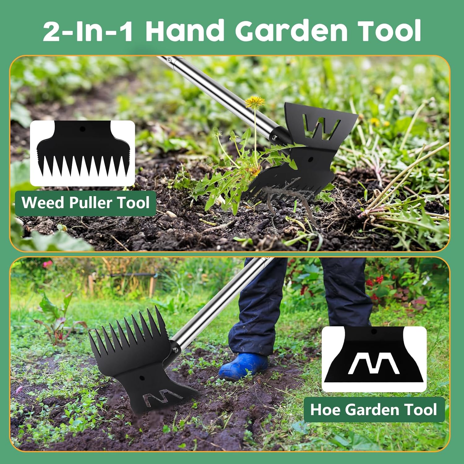 Larger Weed Puller Tool with Long Handle, Heavy Duty 10 Teeth Weed Rake & Hoe Garden Tool for Weeding, 57" Garden Hoe Weed Remover Tool with Detachable Handle, Manual Weeder for Garden Yard Lawn Patio
