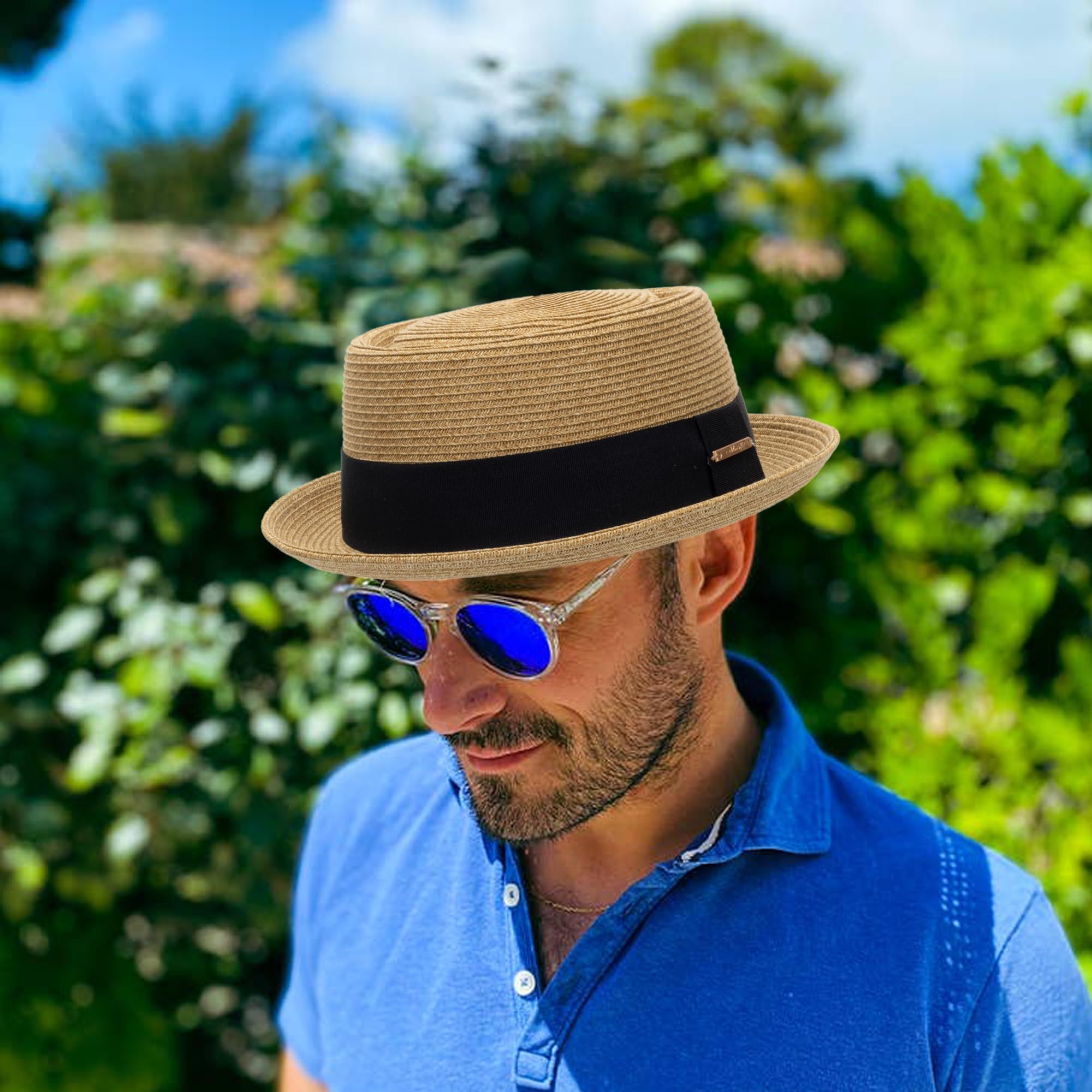 Sombrero de paja para el sol de los años 20 con parte superior plana, sombrero estilo fedora para hombre, mujer, unisex