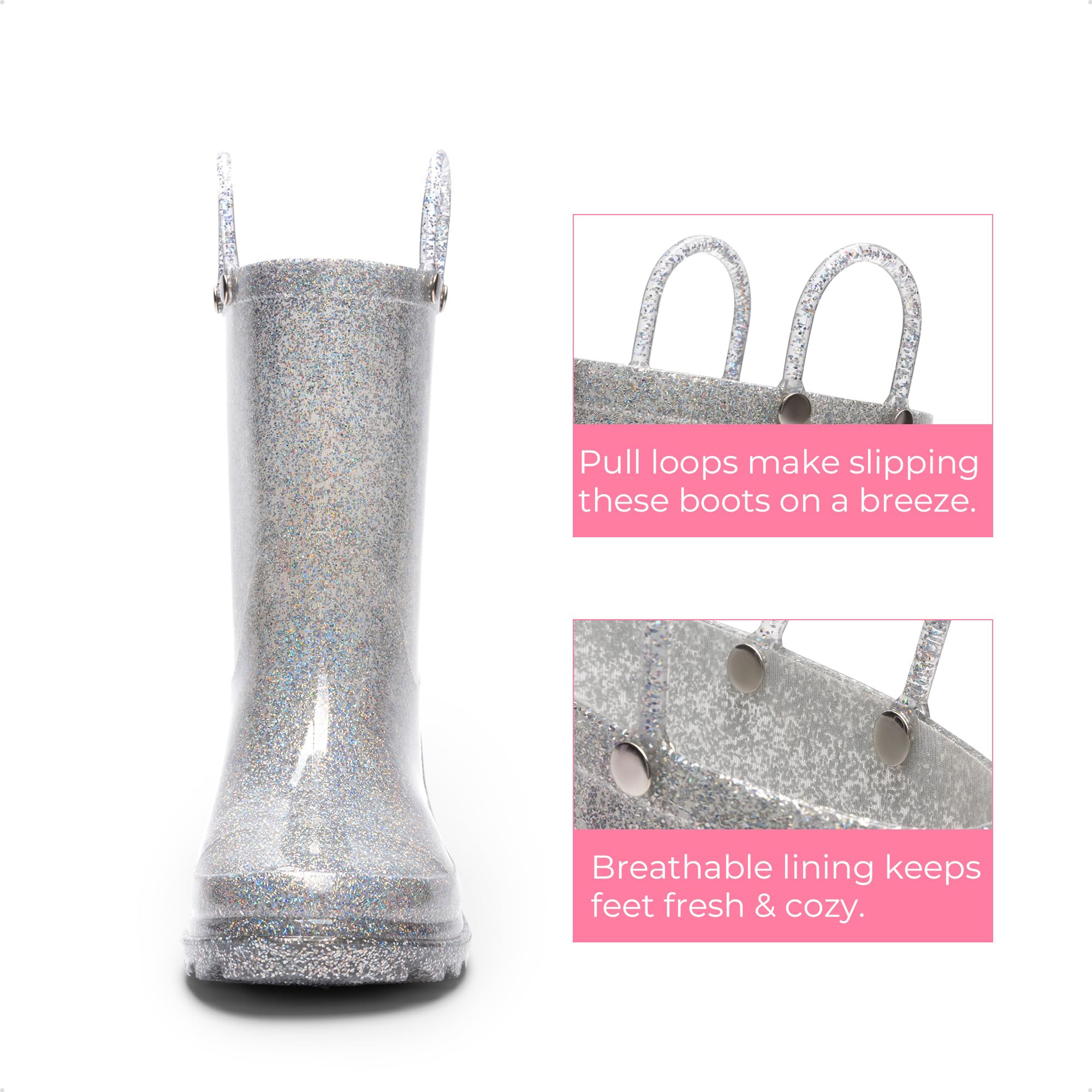 DREAM PAIRS Dziecięce buty przeciwdeszczowe dla chłopców i dziewcząt z łatwymi do zakładania uchwytami, błyszczące, wodoodporne buty do zabawy na świeżym powietrzu, buty przeciwdeszczowe, unisex