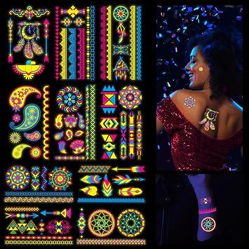 10 Sheets Neon Temporary Tattoo Stickers, Glow UV Neon Body Face Skin Tattoo, Temporary Tattoos Glow in The Dark for Adult Women Girls Teens Rave Party Supplies