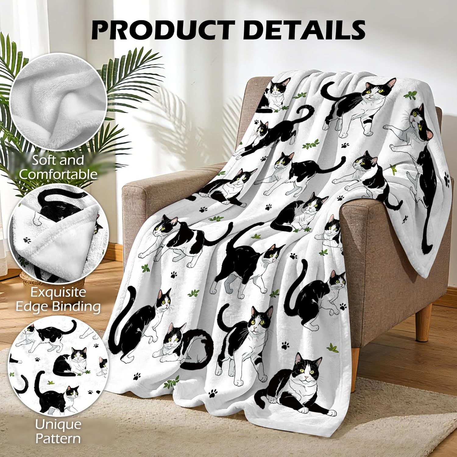 Cat Lover Gifts for Women Men - 50x60 Inch Black and White Cats Throw Blanket, Super Soft Flannel Fleece Cozy Blanket for Couch, Black Cat Themed Gifts for Adults, Cats Mom Dad Present