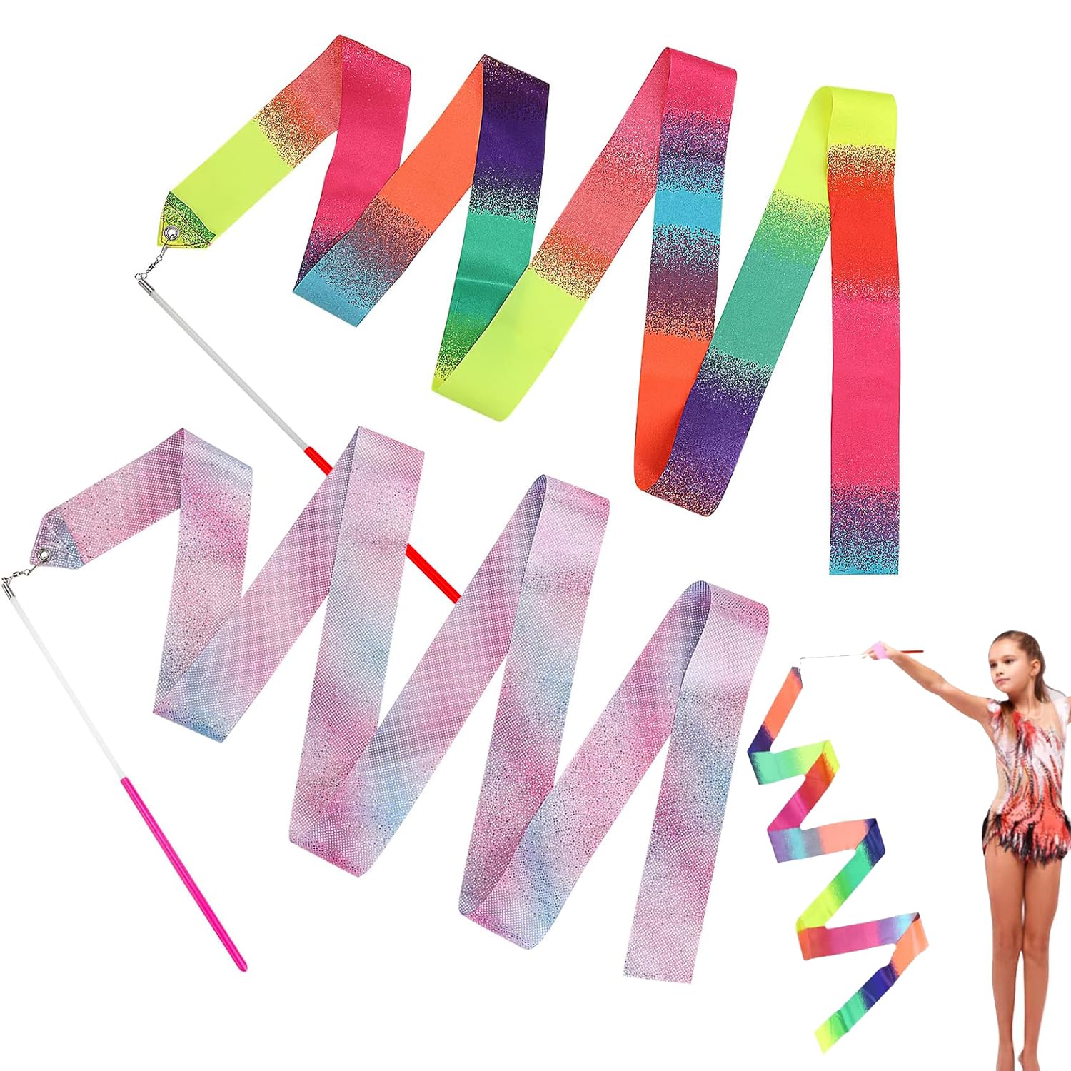 2 pezzi nastro da ballo da 2 m nastro da ginnastica per bambini arcobaleno e rosa, materiale da ginnastica, bacchetta per l'allenamento della danza artistica