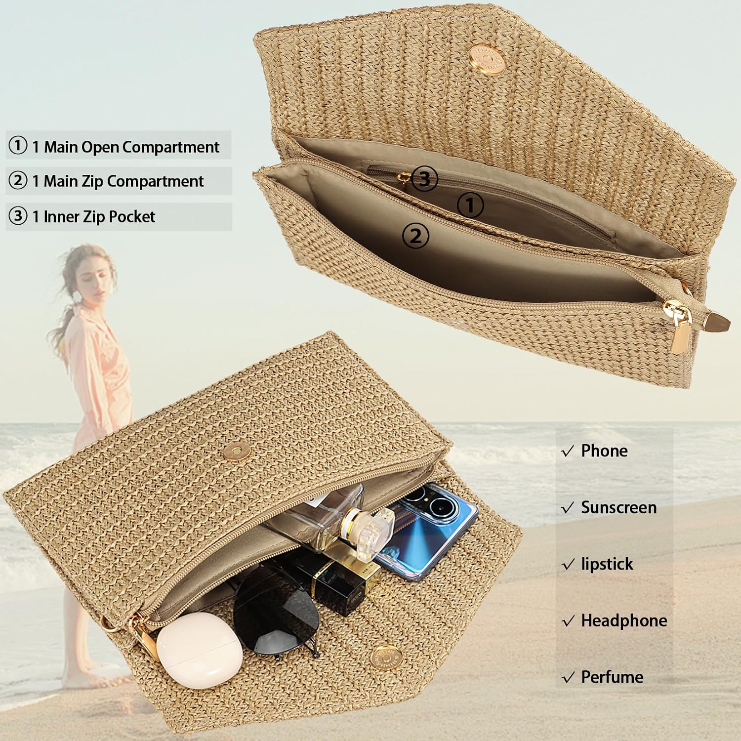Summer Woven Straw Clutch Purse for Women,Elegant Beach Crossbody Bag, Boho Evening Handbag
