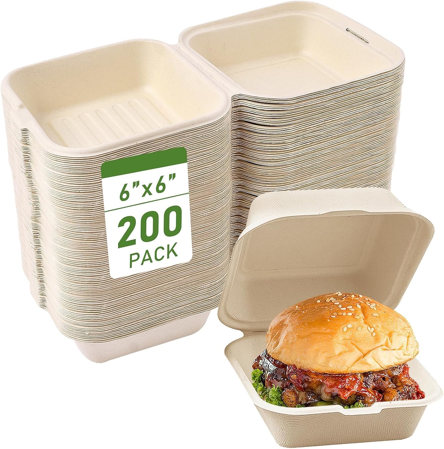 Clamshell Take Out Food Container 200 Pack, 6X6 inch Disposable To Go Boxes, Square Hinged Container for Food, Lunch, Dinner, Meal-Prep, Compostable (white)