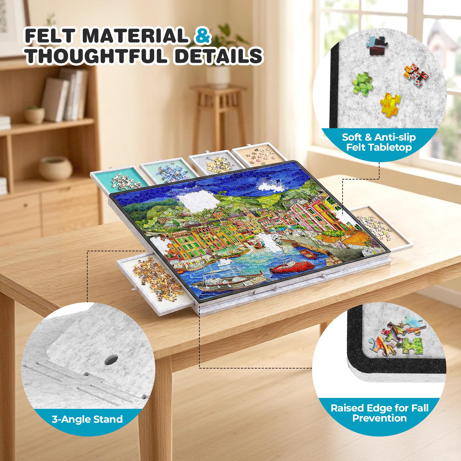 Tablero inclinable para Rompecabezas de 1000 Piezas con Soporte y Cubierta 2 en 1, Mesa de Fieltro Ultraligera y portátil con 8 cajones y 3 ángulos Ajustables