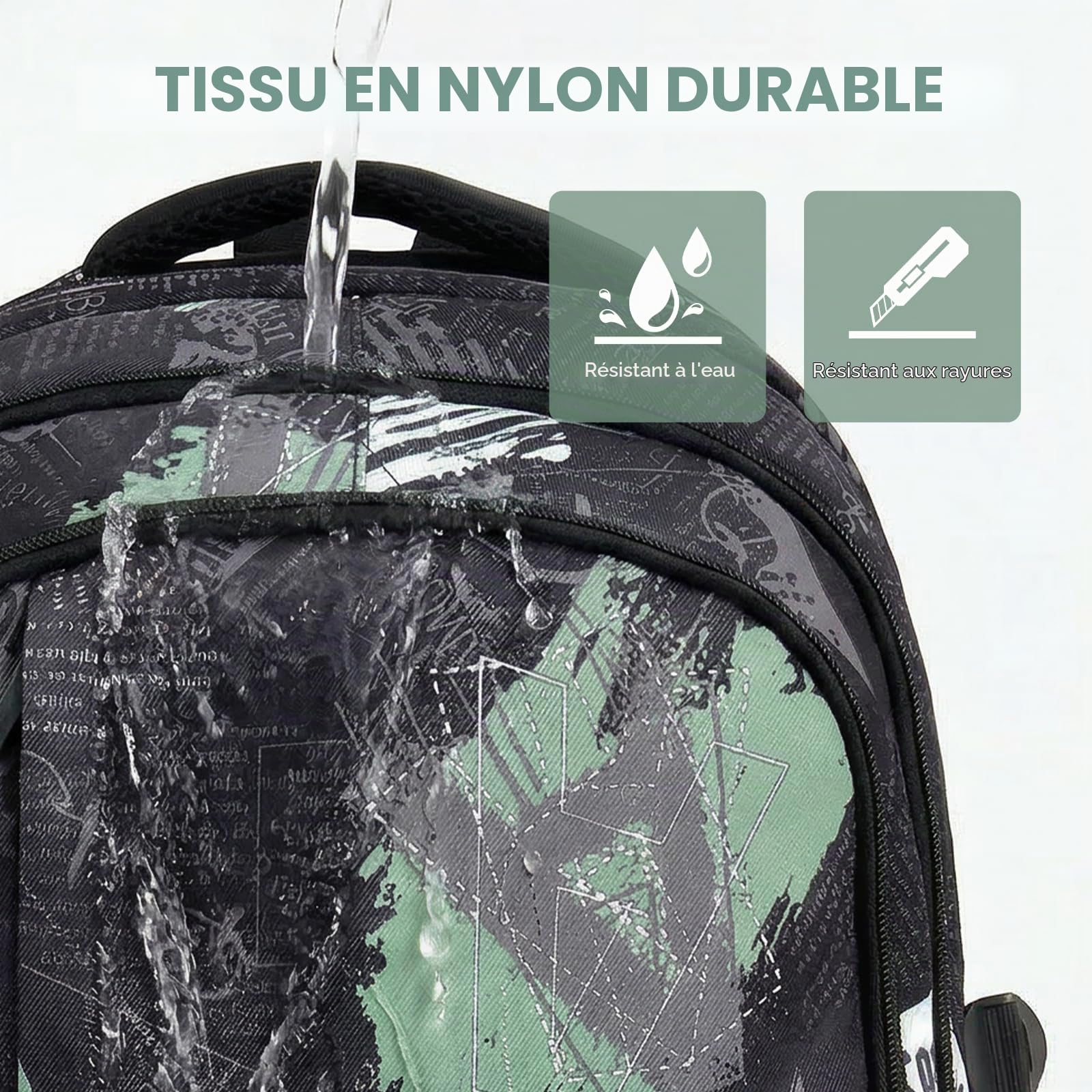 Amythe Cartable École Ados Garçons 10 à 18 ans Lycée 28 L, Noir et Vert