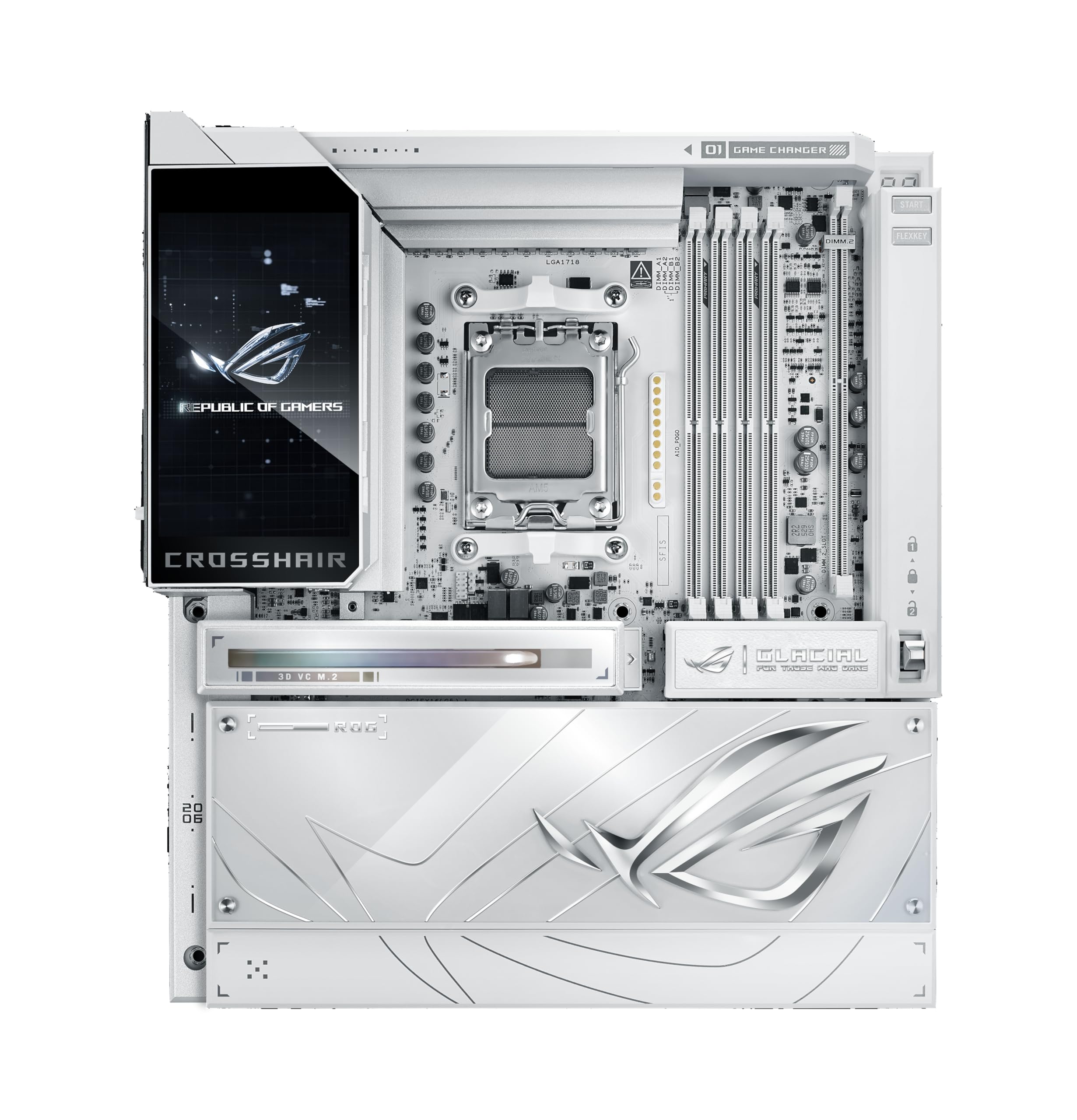ASUS ROG Crosshair X870E Glacial Gaming Motherboard Socket AMD AM5 (E-ATX, Advanced AI, DDR5, 10G Ethernet, WiFi 7, 2X PCIe 5.0 NVMe SSD, 2X PCIe 4.0 M.2, 12x USB 10Gbps)