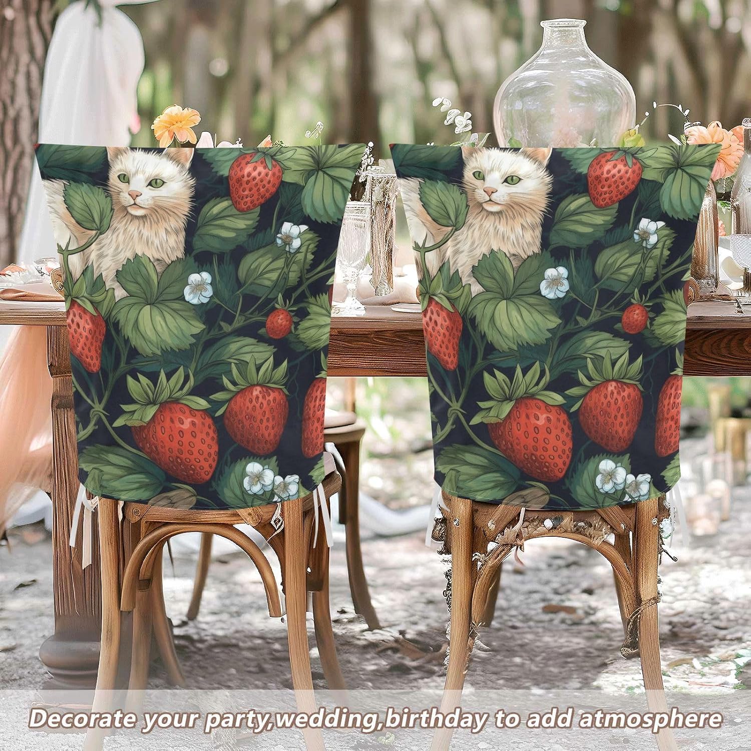 ALAZA Strawberry and Cats Chair Back Cover Set of 6, Washable Reusable Removable Chair Slipcovers Decorative Chair Cover for Home Kitchen Wedding Party