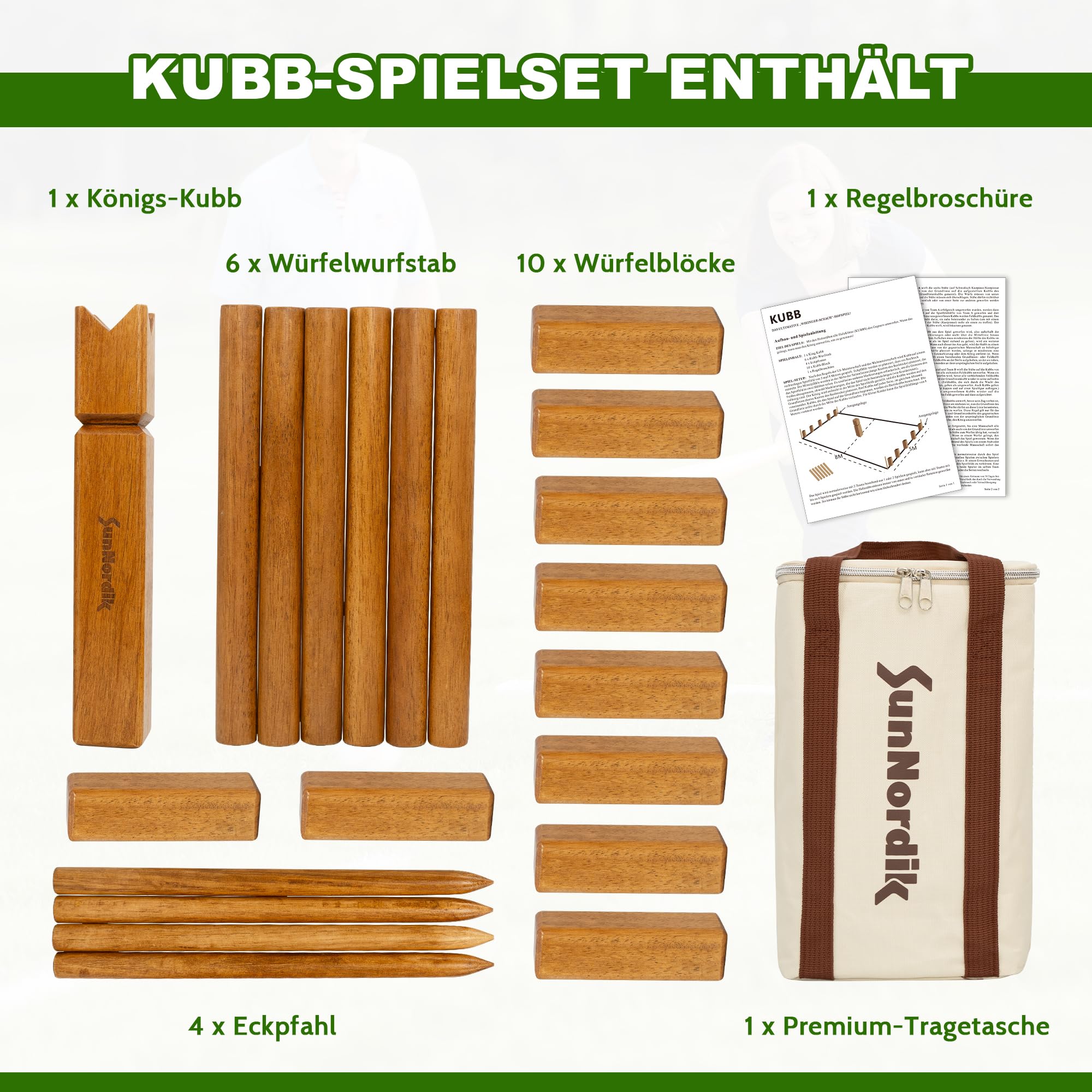 SunNordik Kubb Jeu d'échecs viking suédois en bois d'hévéa de qualité supérieure, avec sac de transport en toile et instructions de jeu (français non garanti), robuste, pour enfants et adultes