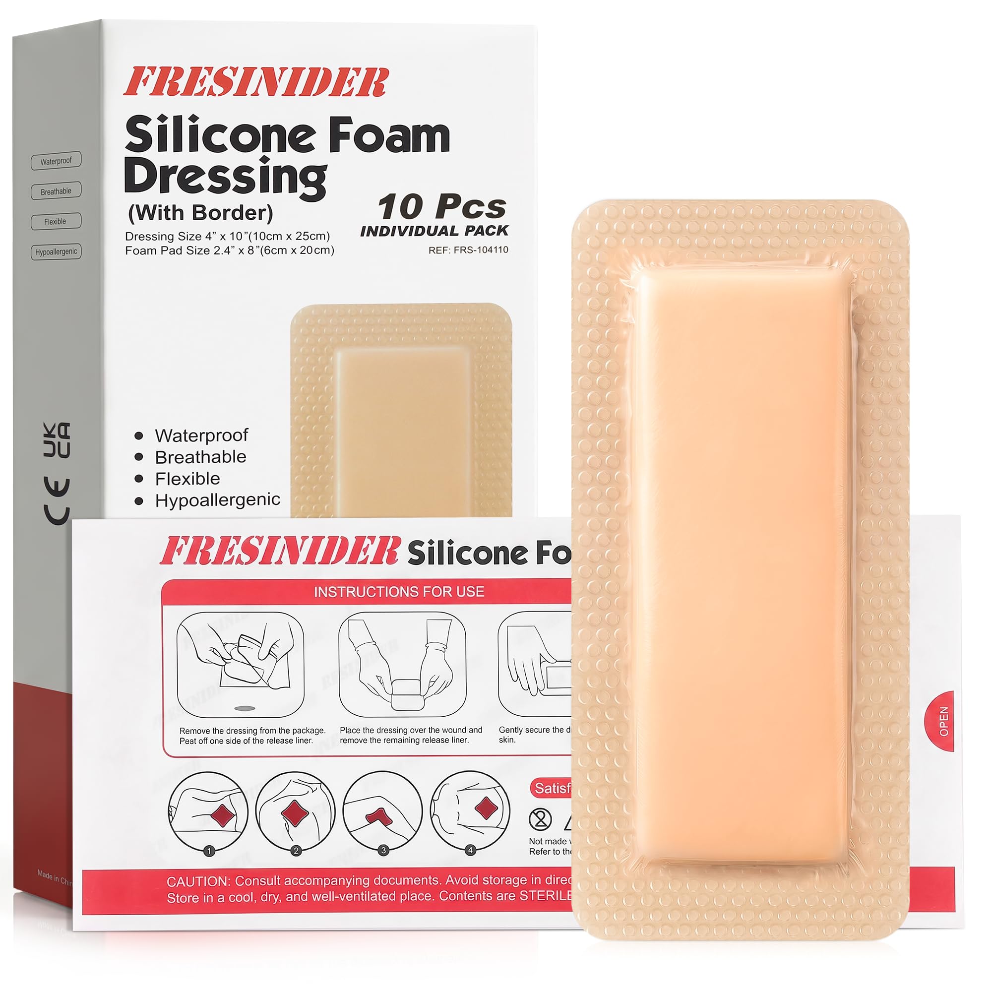 FRESINIDER Silicone Foam Dressing 4” x 10”, 10 Pack – Waterproof 5-Layer Bordered Silicone Foam Dressing, Large Adhesive Dressing for Long Surgical Incisions, Bedsores, Pressure Ulcers &amp; Wound Care