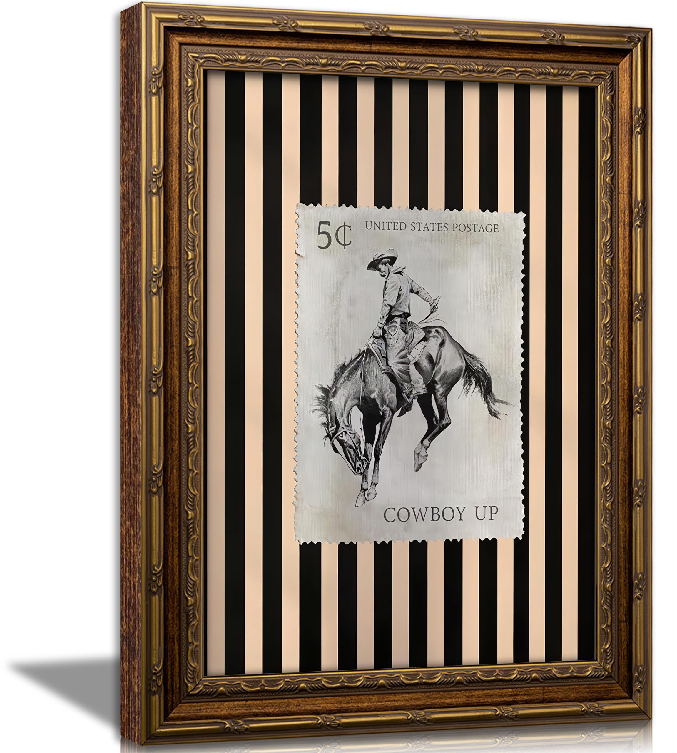 Vintage Gold Framed Western Cowboy Wall Art, Retro Rodeo Postage Stamp Canvas Print, Black and White Cowboy Up Wall Decor, Retro Striped Background Poster Artwork for Living Room Bedroom Boys Room,9x11in