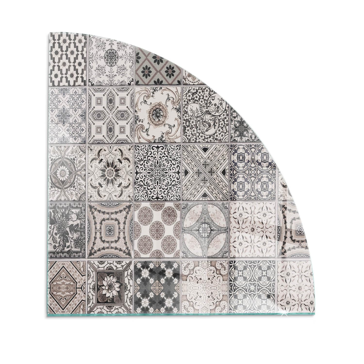 Verre trempé pour cheminée 1/4 rond avec motifs de carreaux décoratifs chic