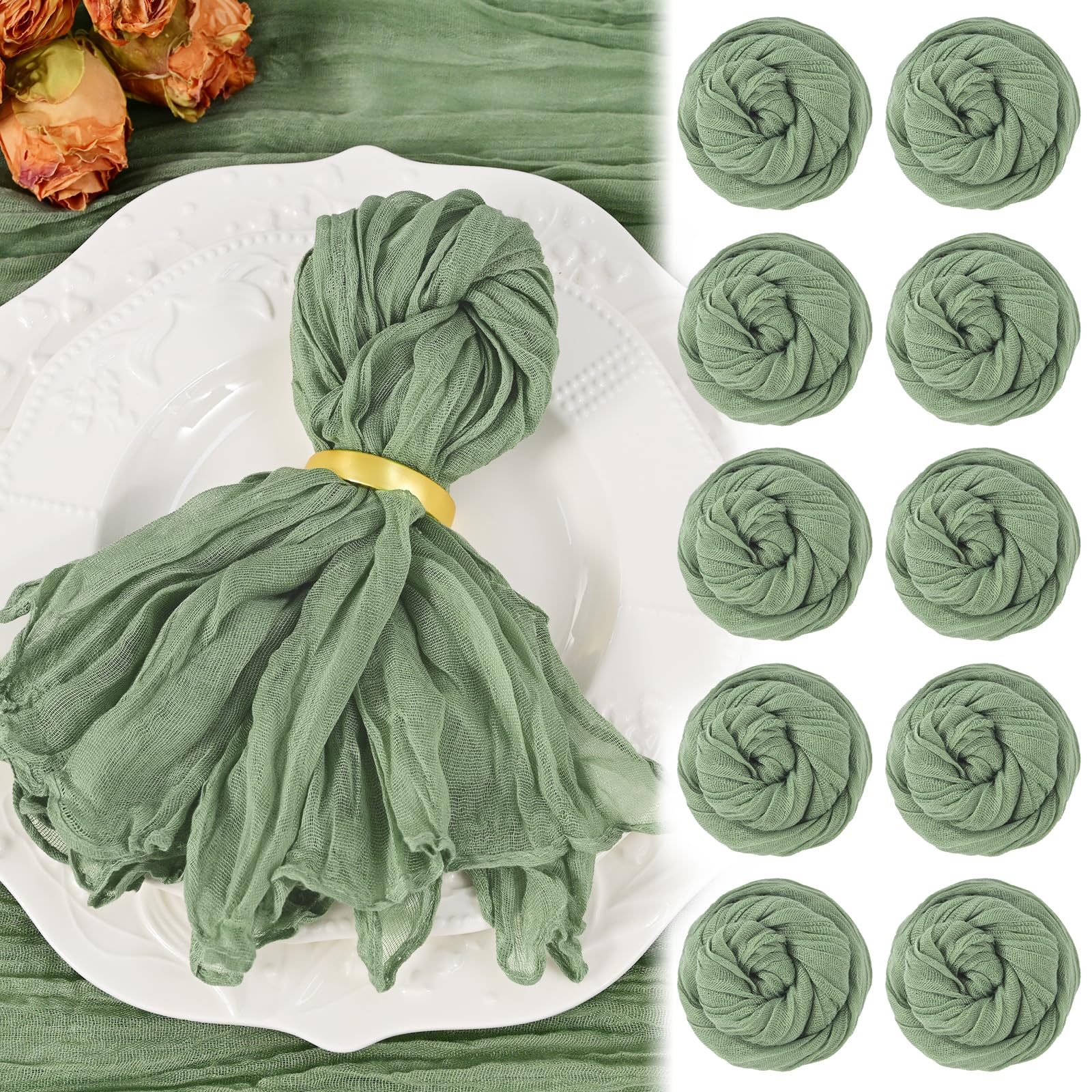10 Pack Sage Green Cheesecloth Napkins 20"x20" Boho Washable Cloth Napkins Set of 10 Wrinkled Cheese Cloth Napkins Gauze Dinner Table Napkin for Wedding Party Baby Shower Birthday Decor